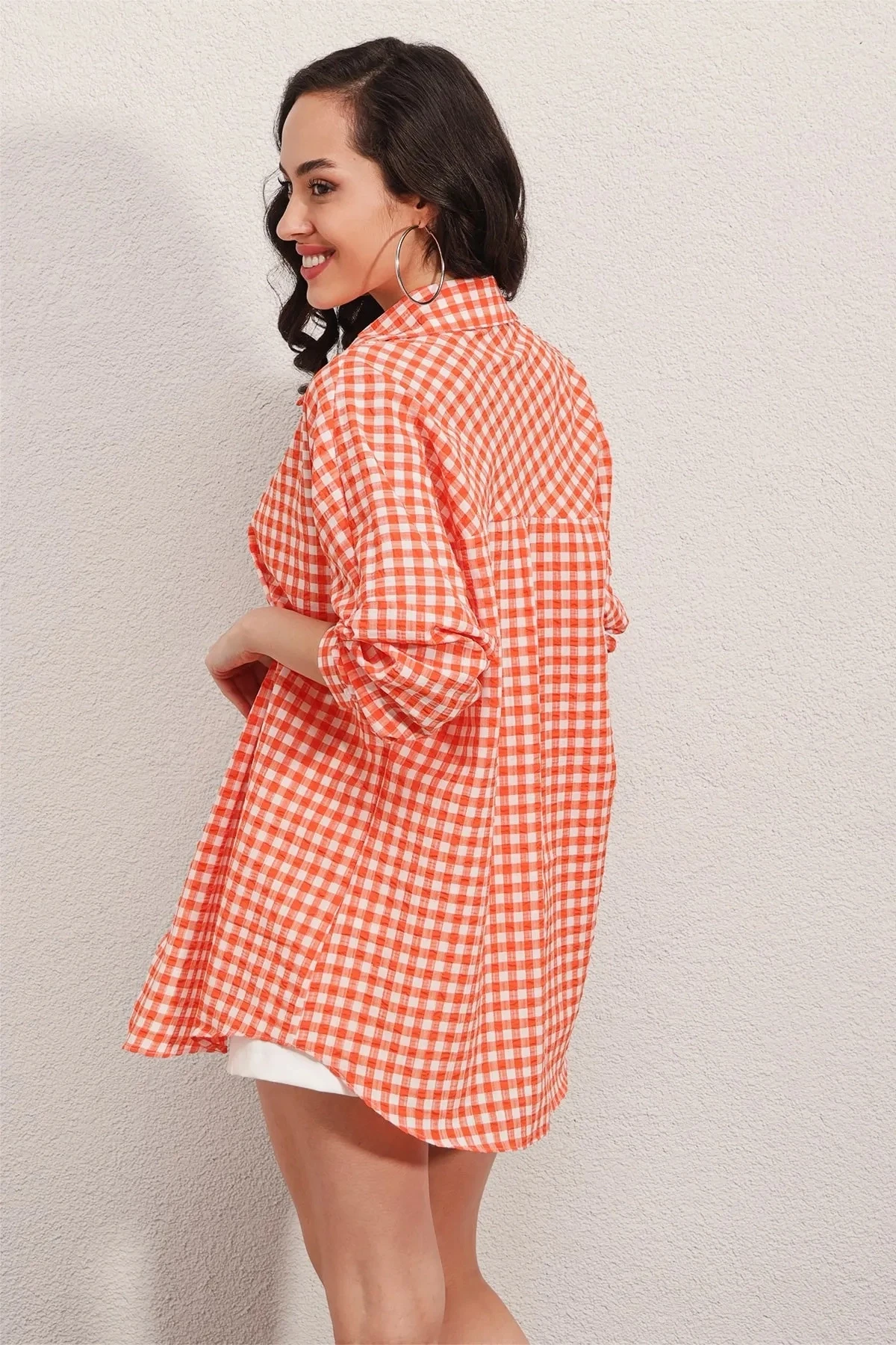 Kadın Oranj Kareli Oversize Gömlek HZL22W-BD1201451