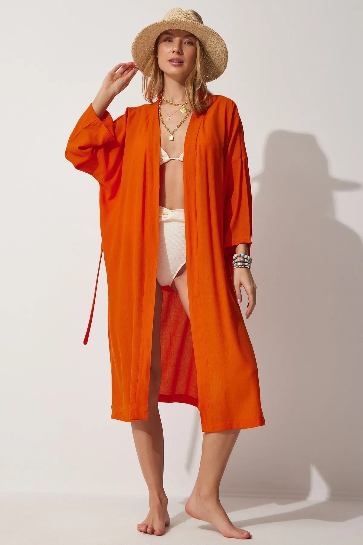 Kadın Oranj Kuşaklı Yırtmaçlı Uzun Kimono HZL22S-BD158351
