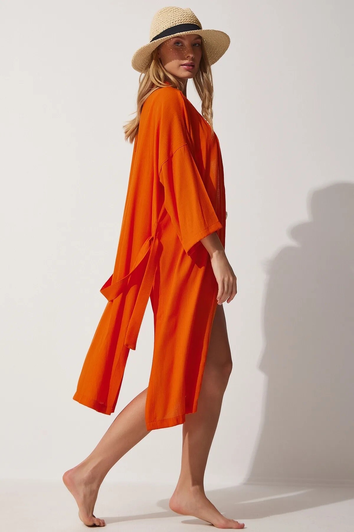 Kadın Oranj Kuşaklı Yırtmaçlı Uzun Kimono HZL22S-BD158351