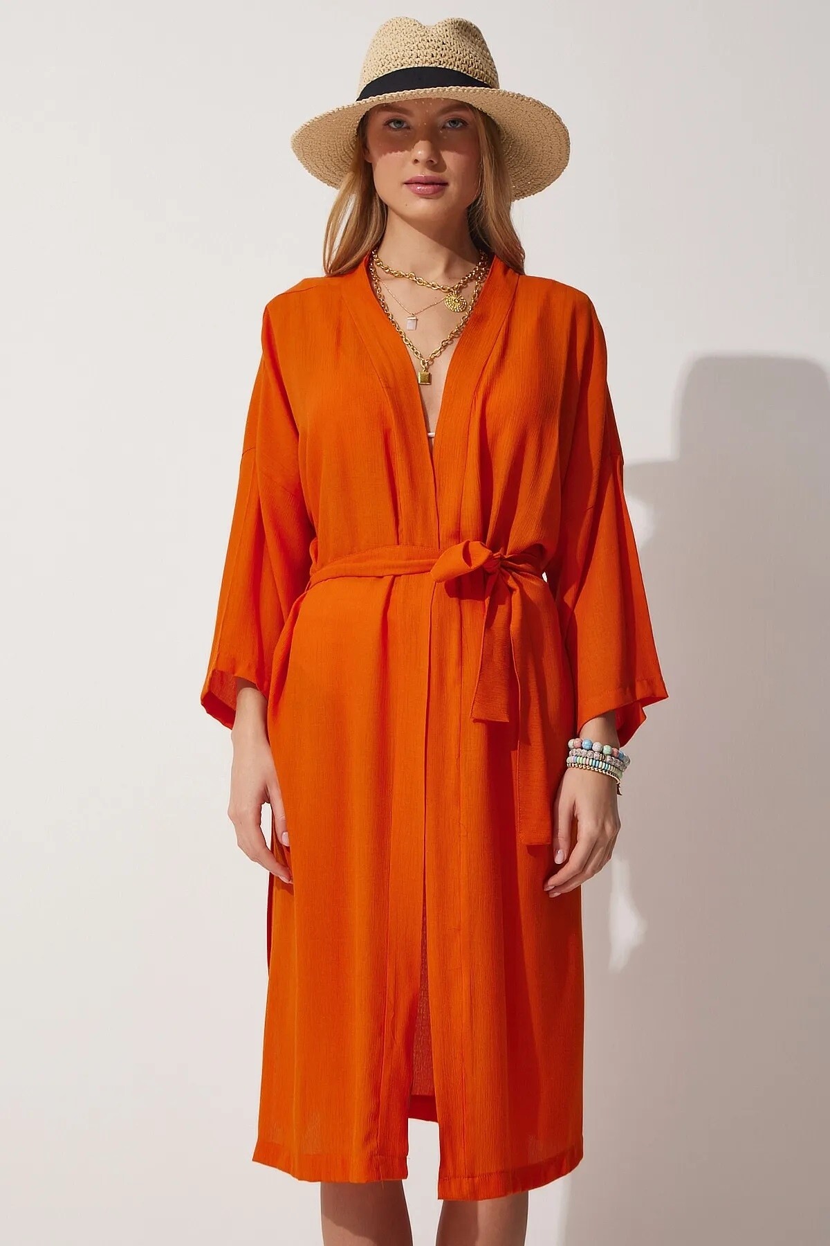 Kadın Oranj Kuşaklı Yırtmaçlı Uzun Kimono HZL22S-BD158351