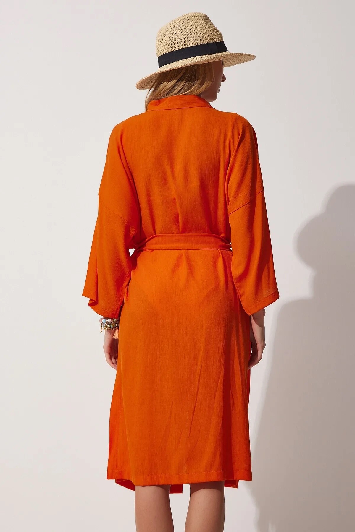 Kadın Oranj Kuşaklı Yırtmaçlı Uzun Kimono HZL22S-BD158351