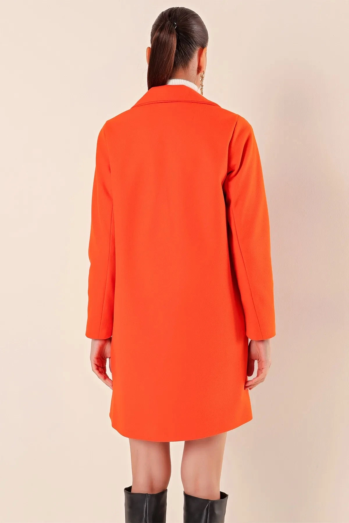 Kadın Oranj Tek Düğmeli Çift Cepli Astarlı Şık Kaşe Kaban HZL23W-BD190851