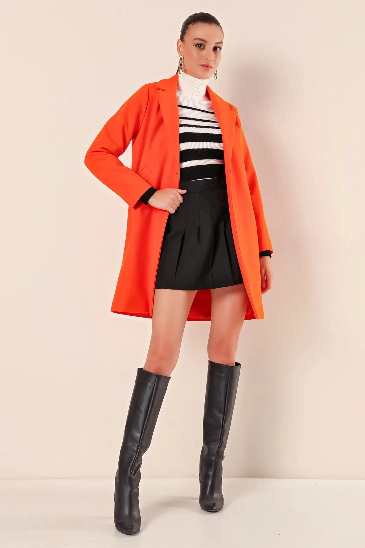 Kadın Oranj Tek Düğmeli Çift Cepli Astarlı Şık Kaşe Kaban HZL23W-BD190851