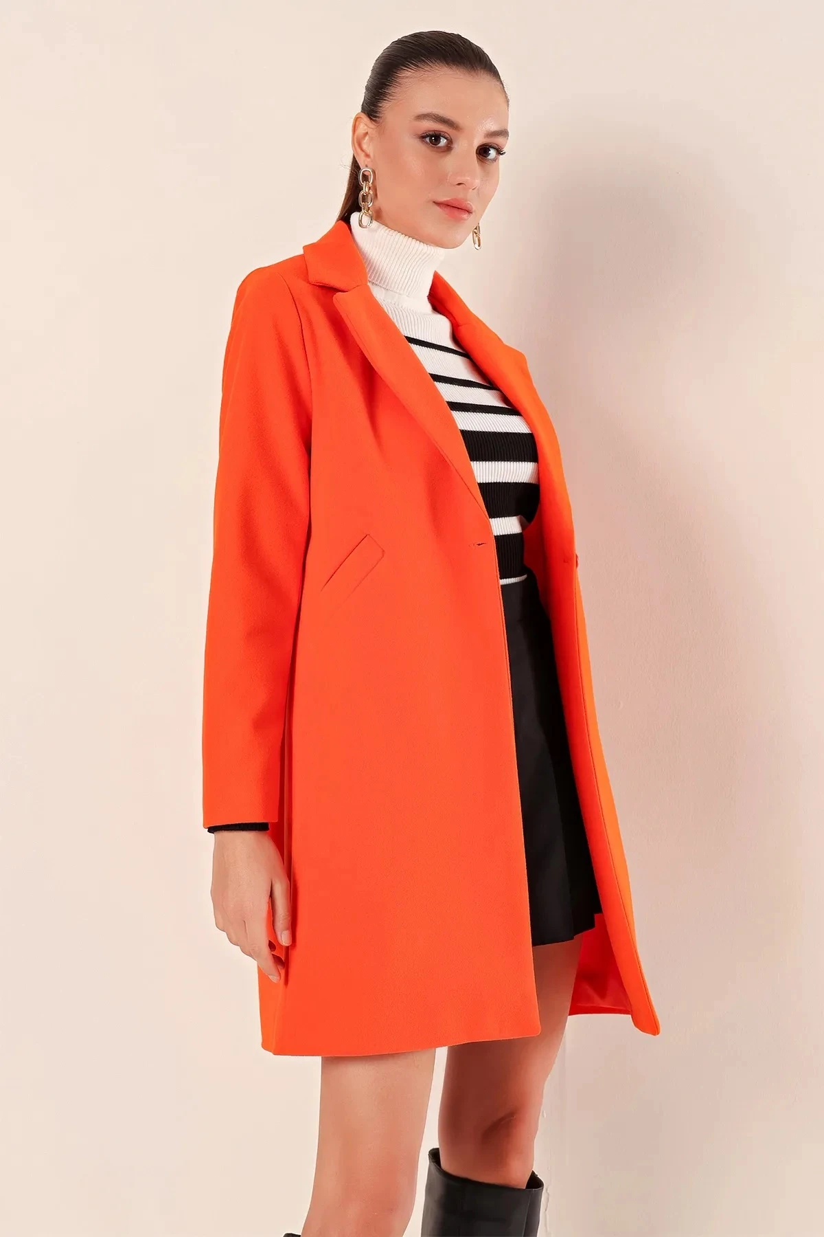Kadın Oranj Tek Düğmeli Çift Cepli Astarlı Şık Kaşe Kaban HZL23W-BD190851