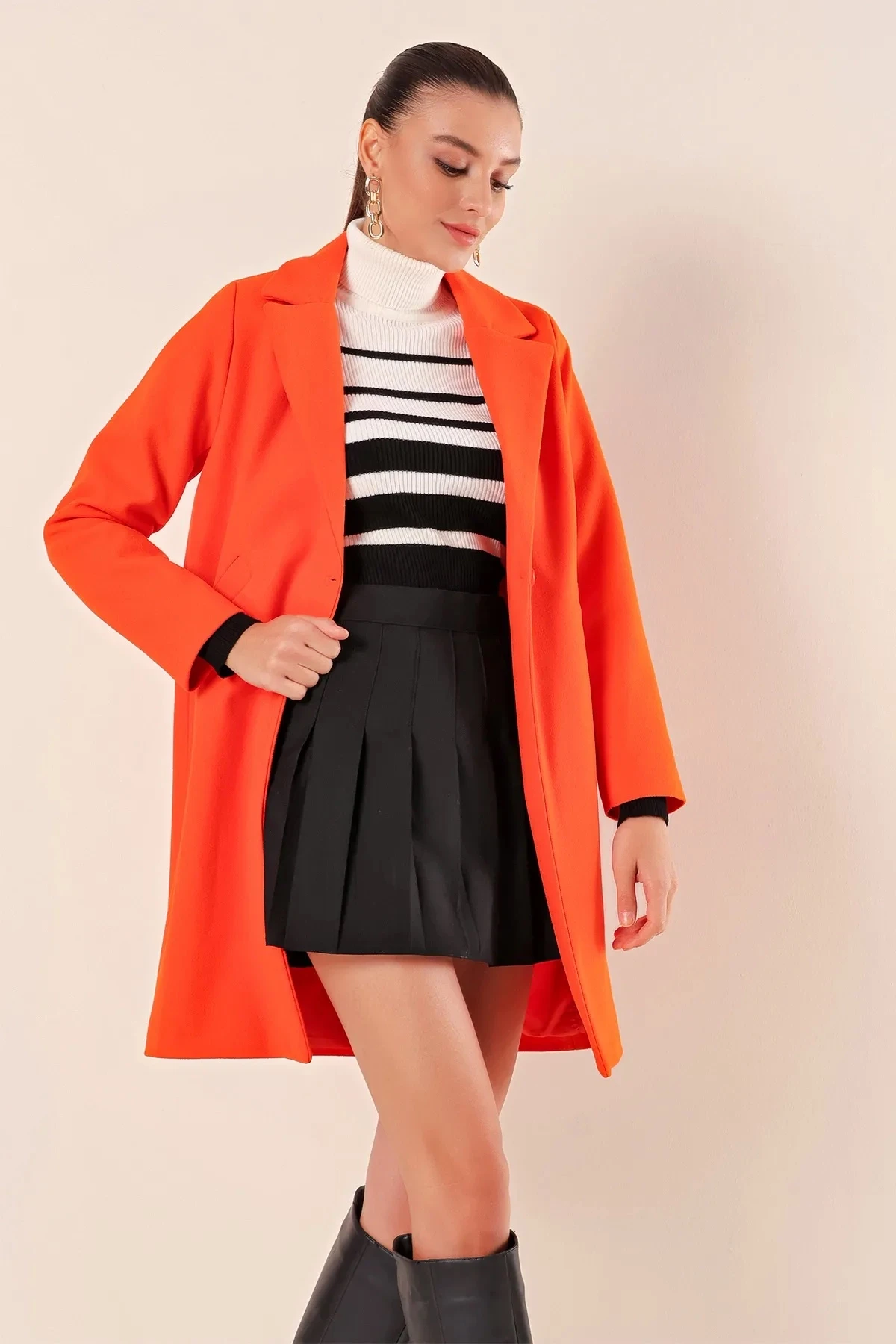 Kadın Oranj Tek Düğmeli Çift Cepli Astarlı Şık Kaşe Kaban HZL23W-BD190851