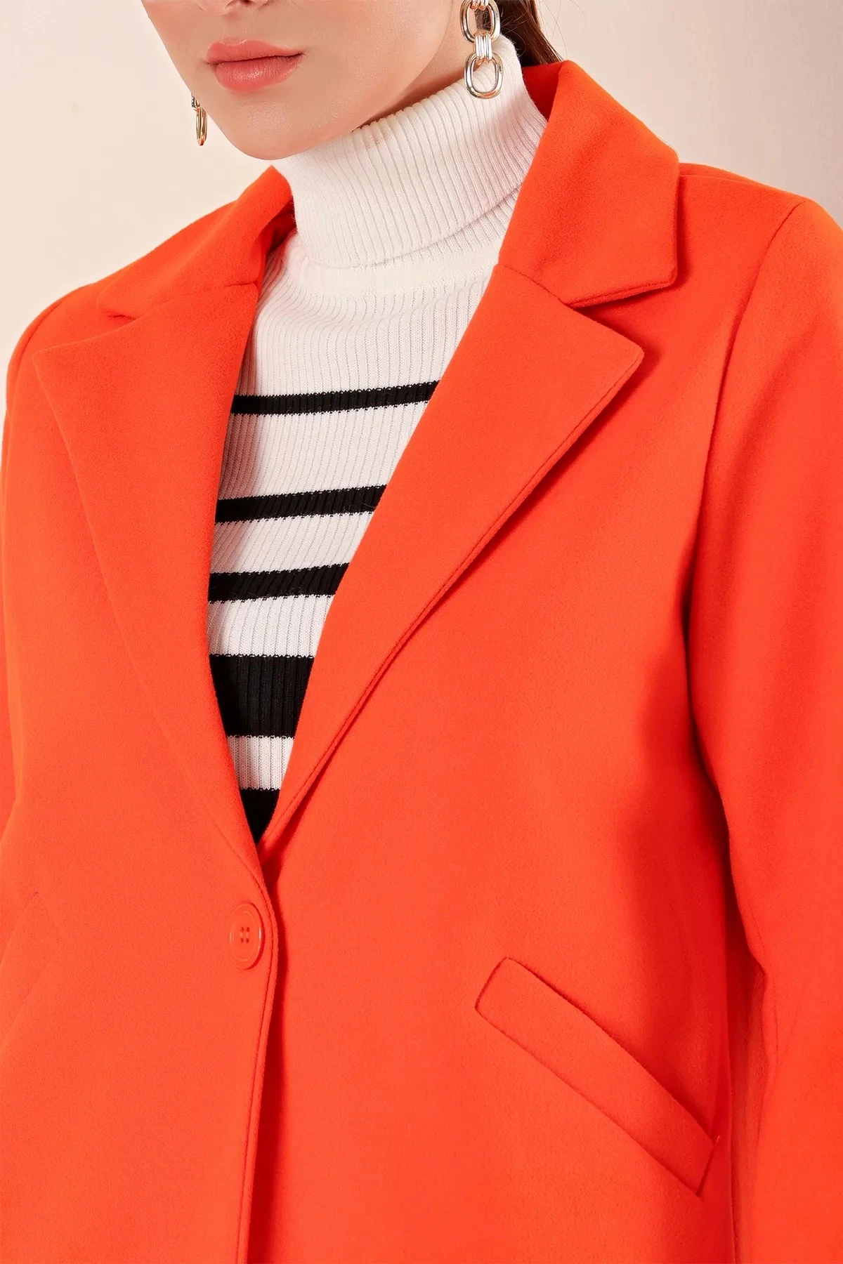 Kadın Oranj Tek Düğmeli Çift Cepli Astarlı Şık Kaşe Kaban HZL23W-BD190851