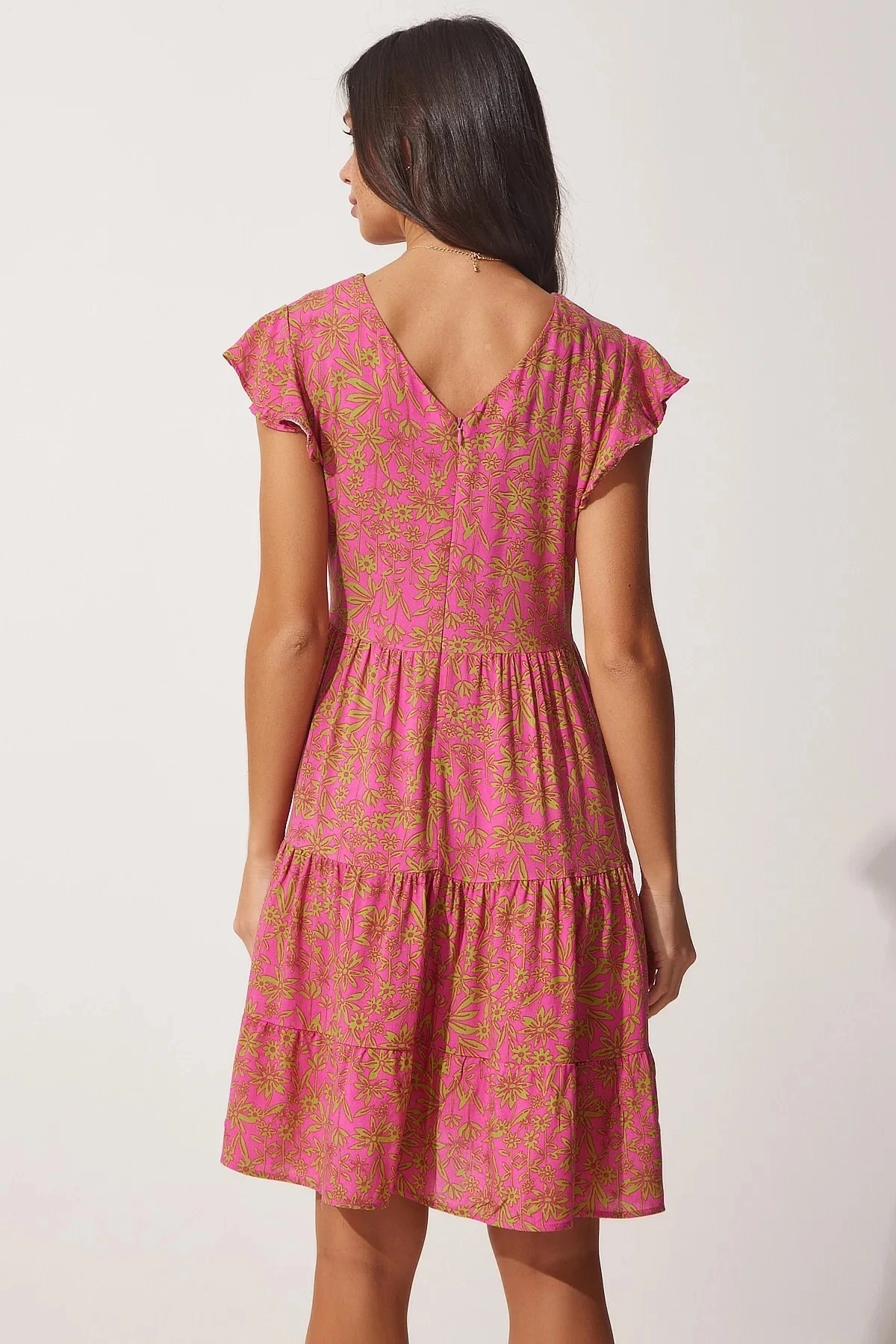 Kadın Pembe Çiçekli Yazlık V Yaka Viskon Elbise HZL23S-BD123971