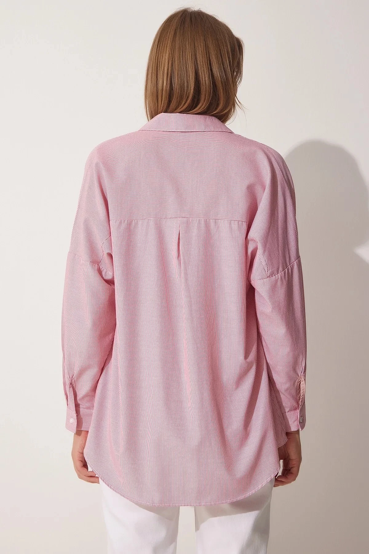 Kadın Pembe Çizgili  Oversize Poplin Gömlek HZL23S-BD1201751