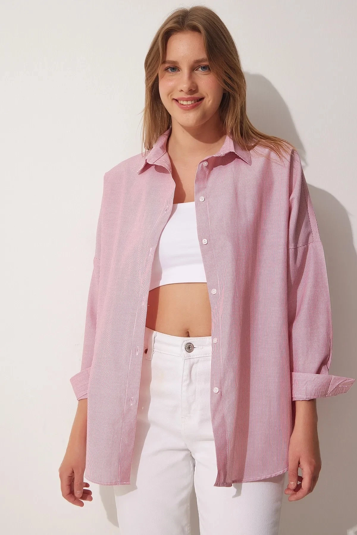 Kadın Pembe Çizgili  Oversize Poplin Gömlek HZL23S-BD1201751