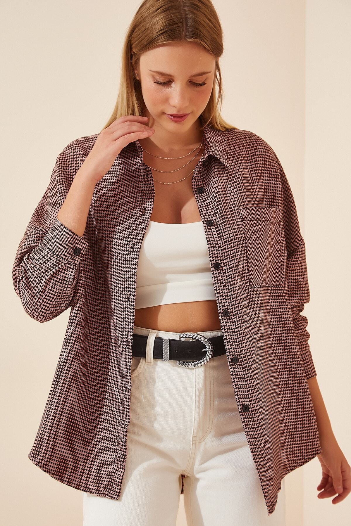 Kadın Pembe Kareli Oversize Gömlek HZL22W-BD1236
