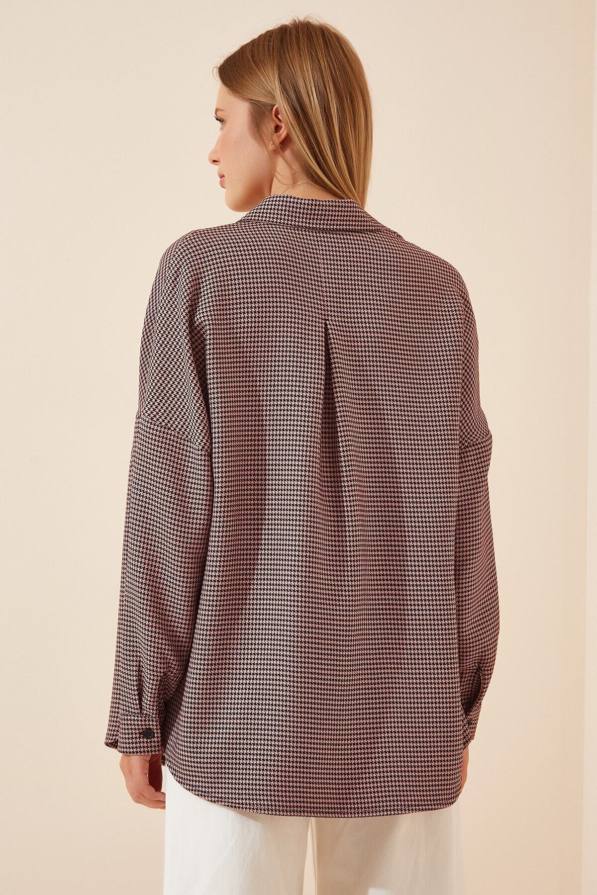Kadın Pembe Kareli Oversize Gömlek HZL22W-BD1236