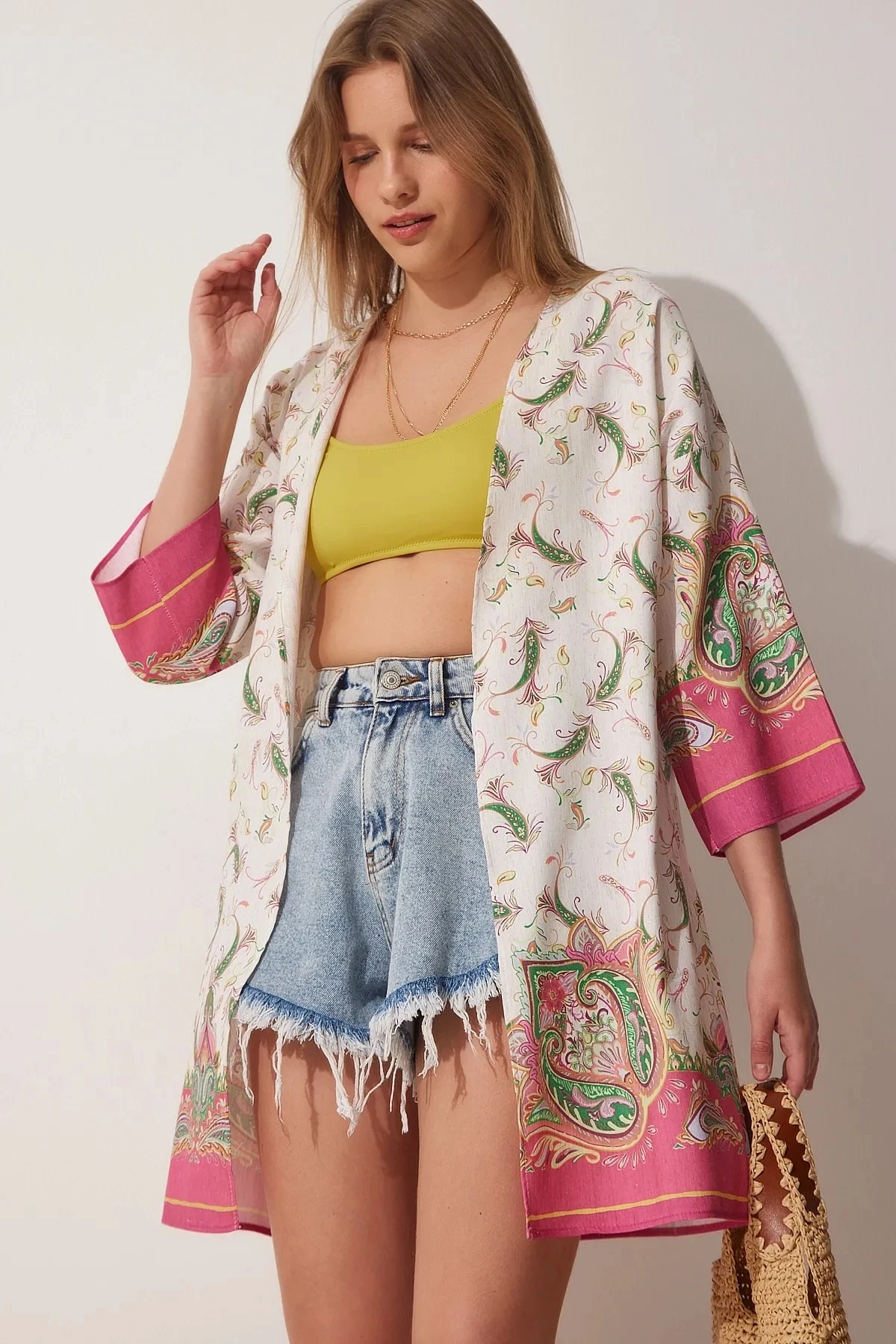 Kadın Pembe Krem Desenli Yazlık Keten Viskon Kimono HZL23S-BD158961