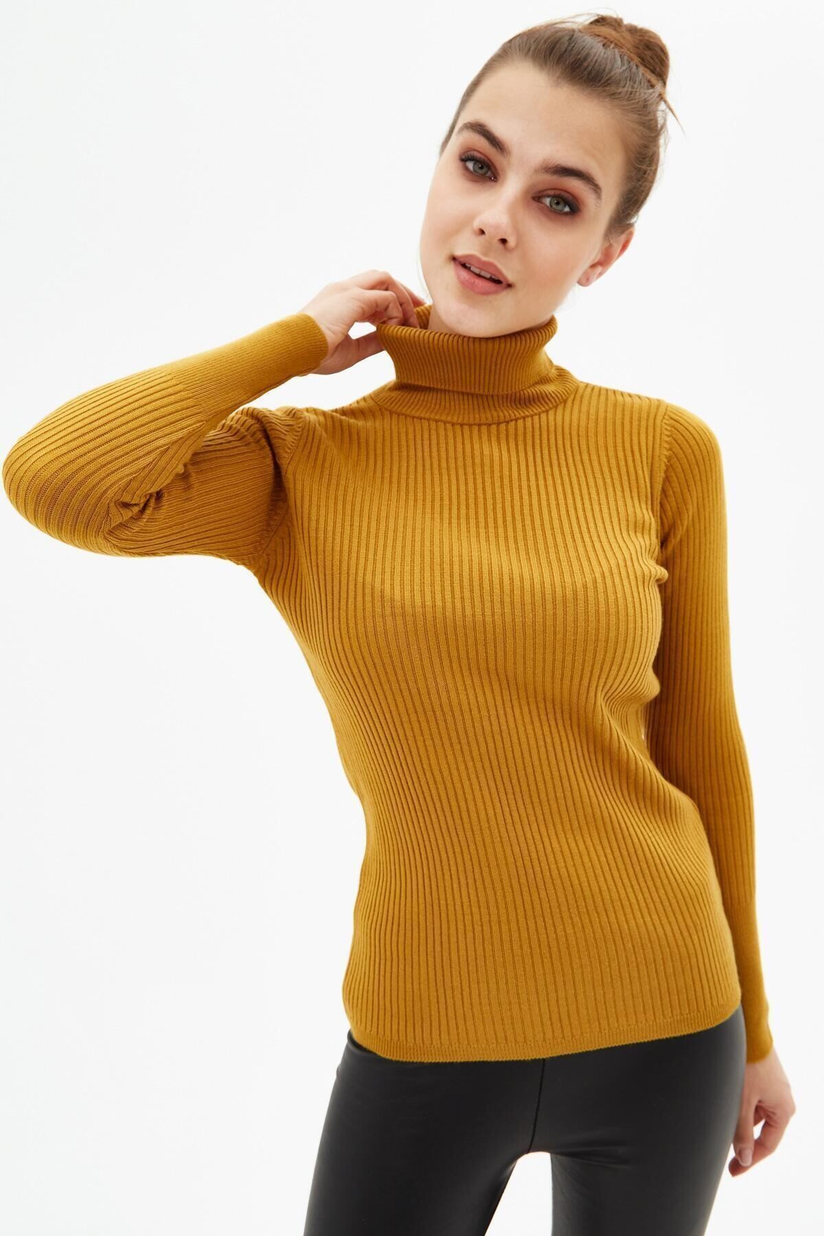 Kadın Safran Boğazlı Fitilli Triko Balıkçı Yaka Kazak HZL22W-BD1445001