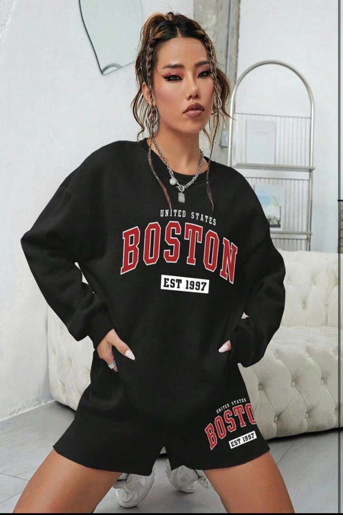 Kadın Siyah 3 İplik Şardonlu Boston Baskılı Şort Sweatshirt Alt Üst Takım  HZL24W-FRY121221