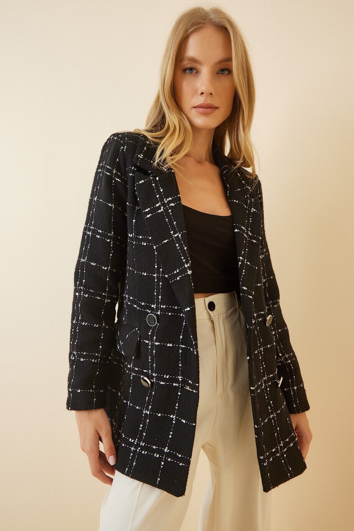 Kadın Siyah Astarlı Şık Tüvit Ekose Ceket HZL23W-BD106641