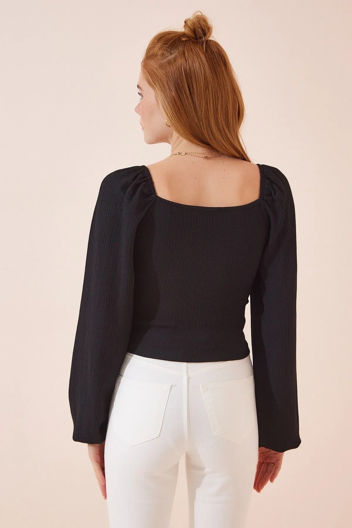 Kadın Siyah Balon Kol Dokulu Kare Yaka Trend Örme Bluz HZL23W-BD104651