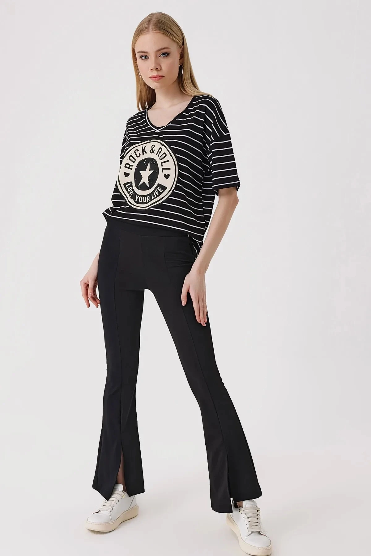 Kadın Siyah Fitilli Yırtmaçlı Şekillendirici İspanyol Paça Likralı Örme Pantolon HZL23S-BD165481