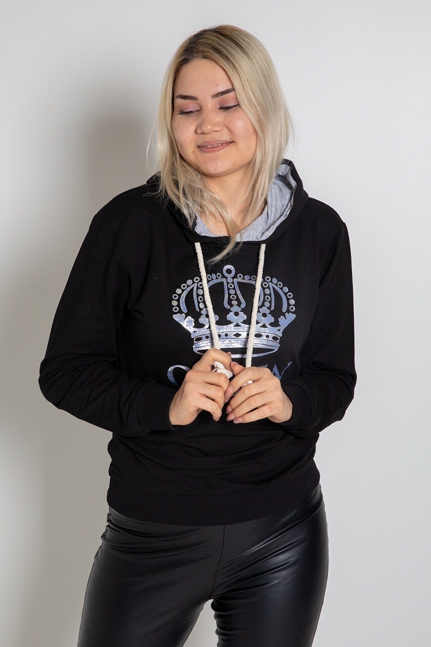 Kadın Siyah Queen Tacı Baskılı Kapüşonlu Oversize Sweatshirt  HZL23W-SR120021