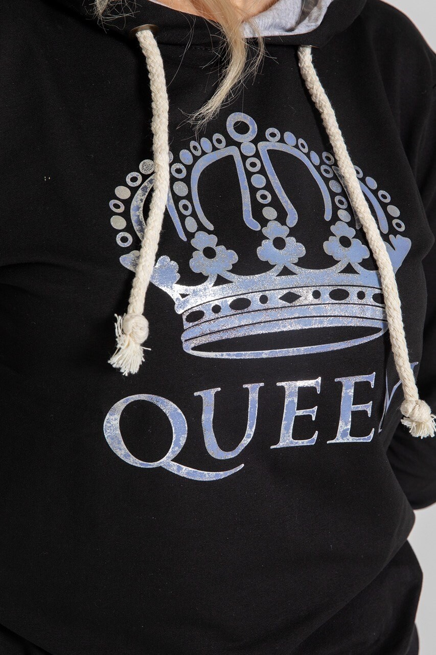 Kadın Siyah Queen Tacı Baskılı Kapüşonlu Oversize Sweatshirt  HZL23W-SR120021