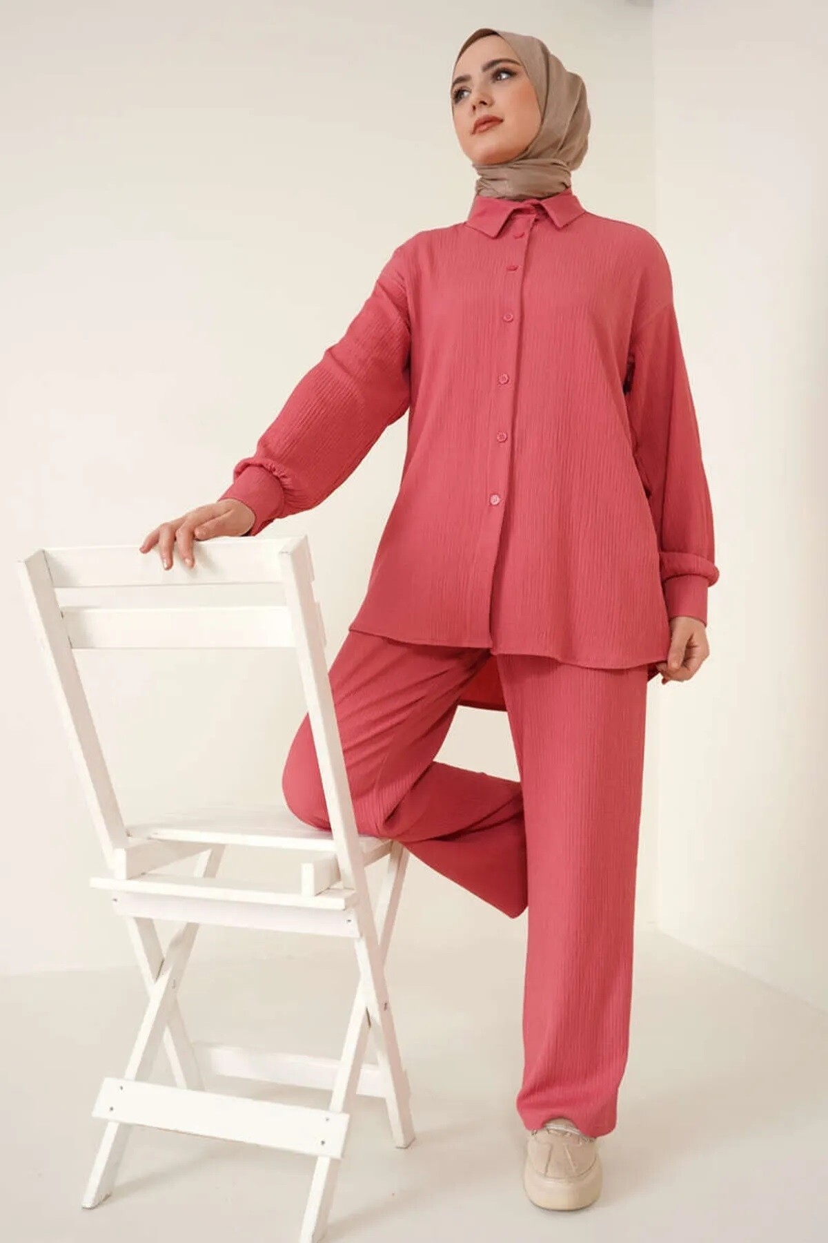 Kadın Tesettür Gül Kurusu Oversize Alt-Üst İkili Örme Takım HZL23W-BD158591