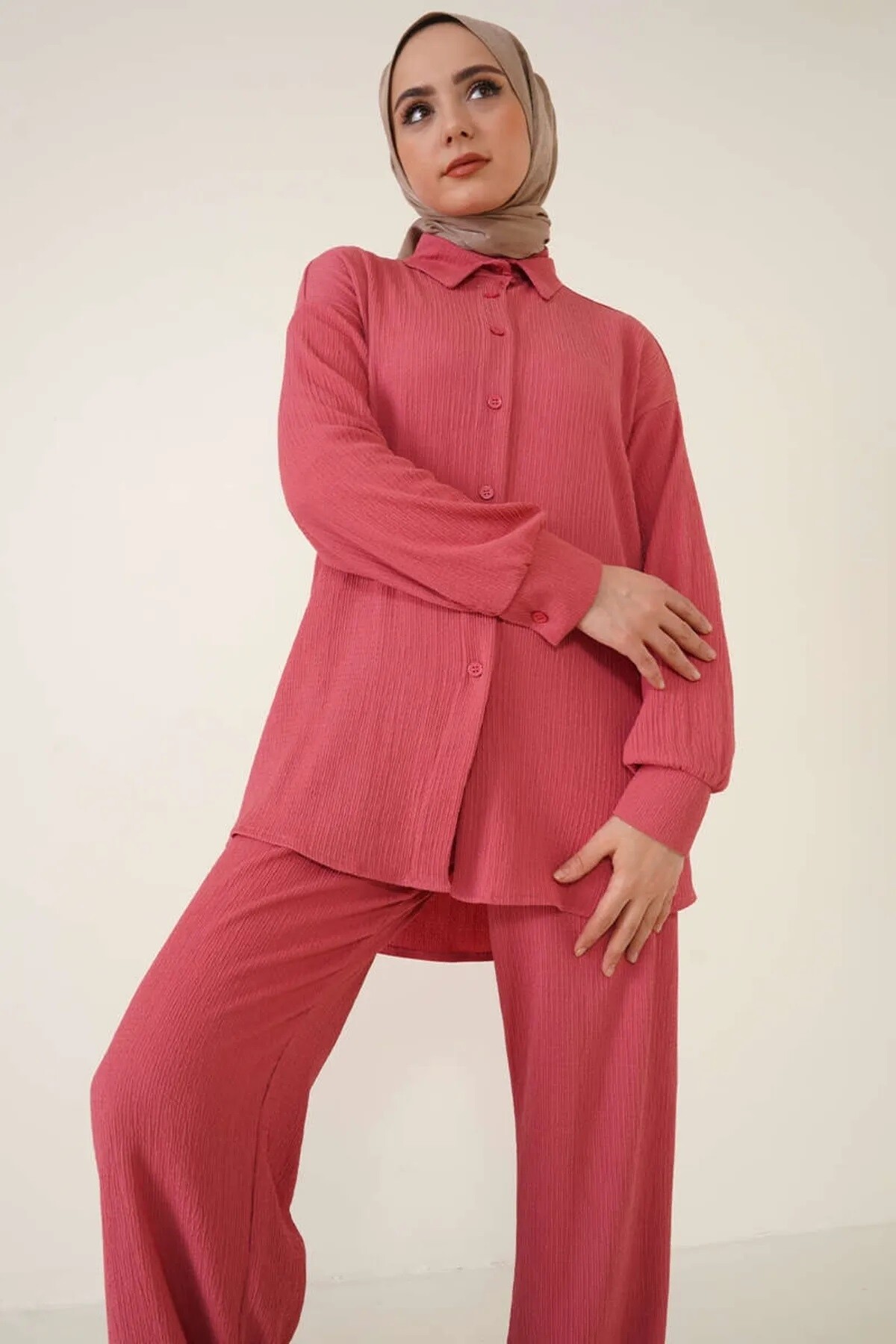 Kadın Tesettür Gül Kurusu Oversize Alt-Üst İkili Örme Takım HZL23W-BD158591