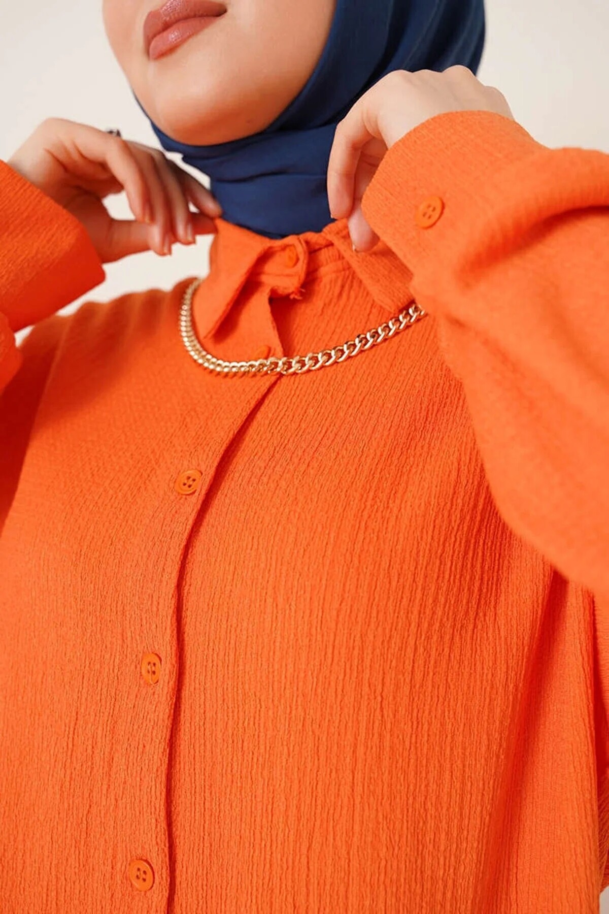 Kadın Tesettür Oranj Oversize Alt-Üst İkili Örme Takım HZL23W-BD158591