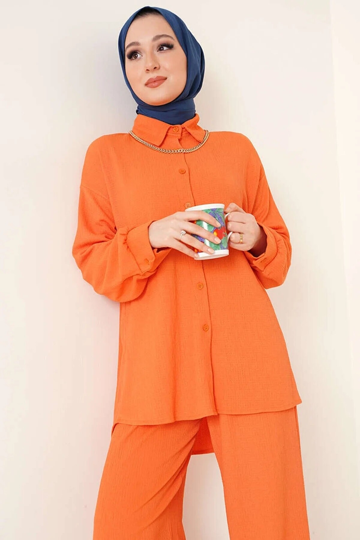 Kadın Tesettür Oranj Oversize Alt-Üst İkili Örme Takım HZL23W-BD158591