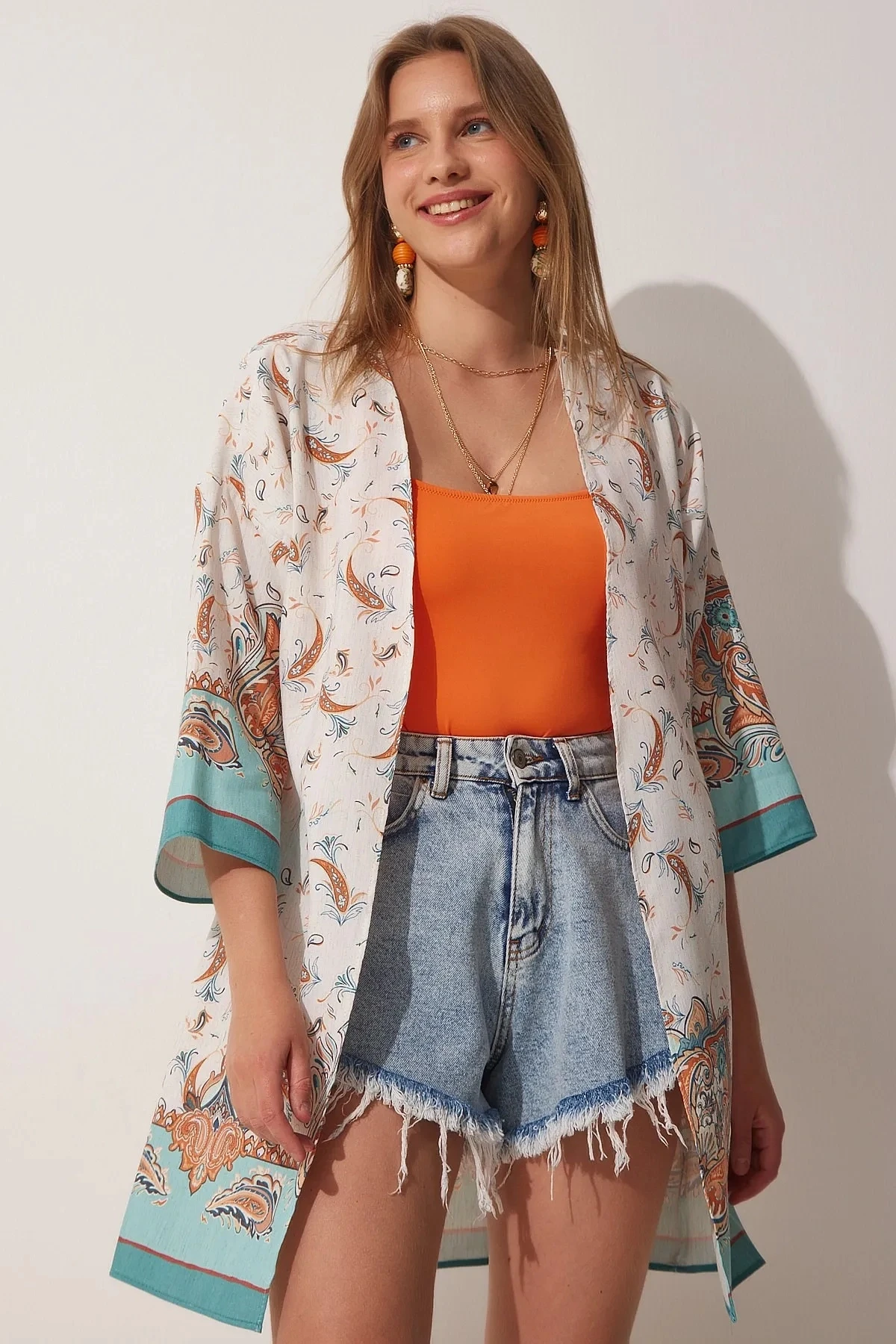 Kadın Turkuaz Krem Desenli Yazlık Keten Viskon Kimono HZL23S-BD158961