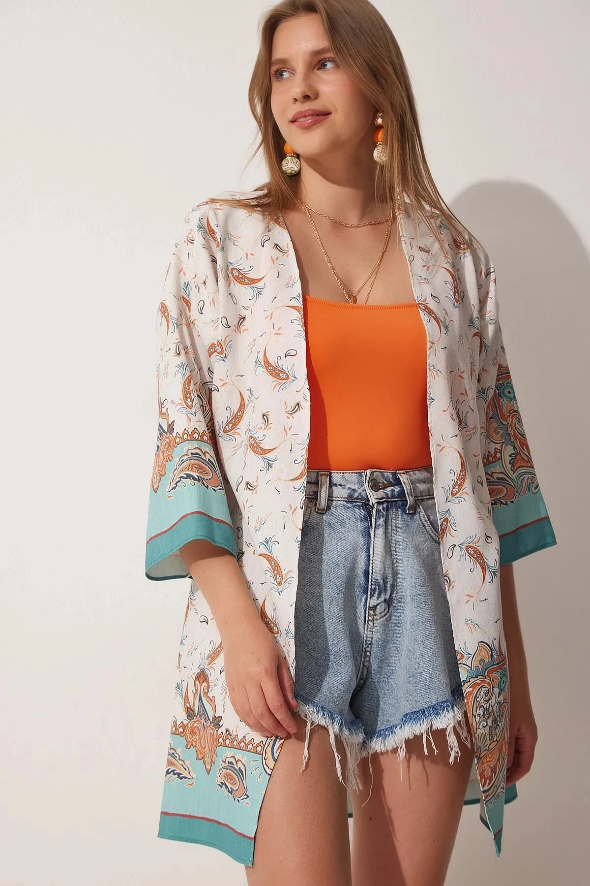 Kadın Turkuaz Krem Desenli Yazlık Keten Viskon Kimono HZL23S-BD158961