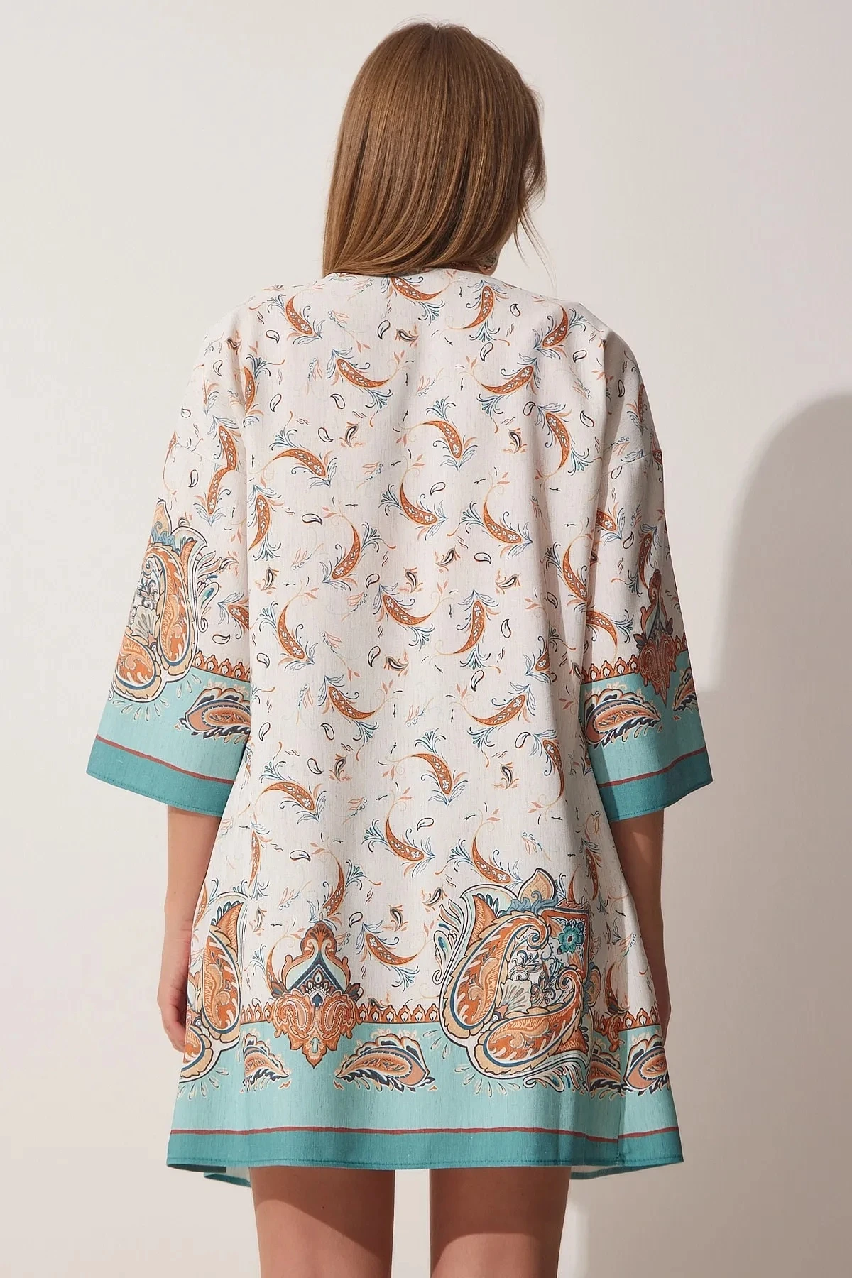 Kadın Turkuaz Krem Desenli Yazlık Keten Viskon Kimono HZL23S-BD158961