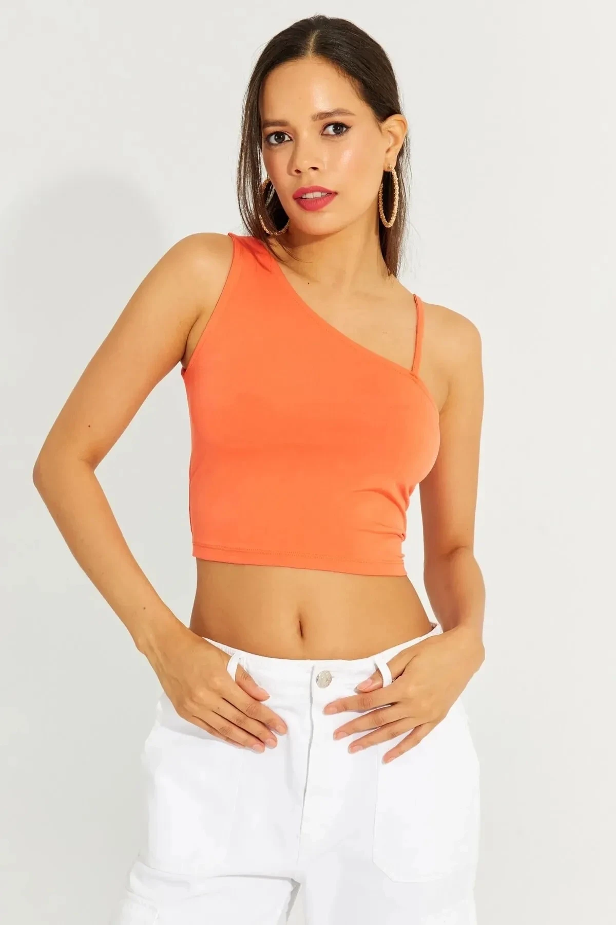 Kadın Turuncu Askılı Tek Omuz Likralı Crop Bluz HZL23S-SND120171
