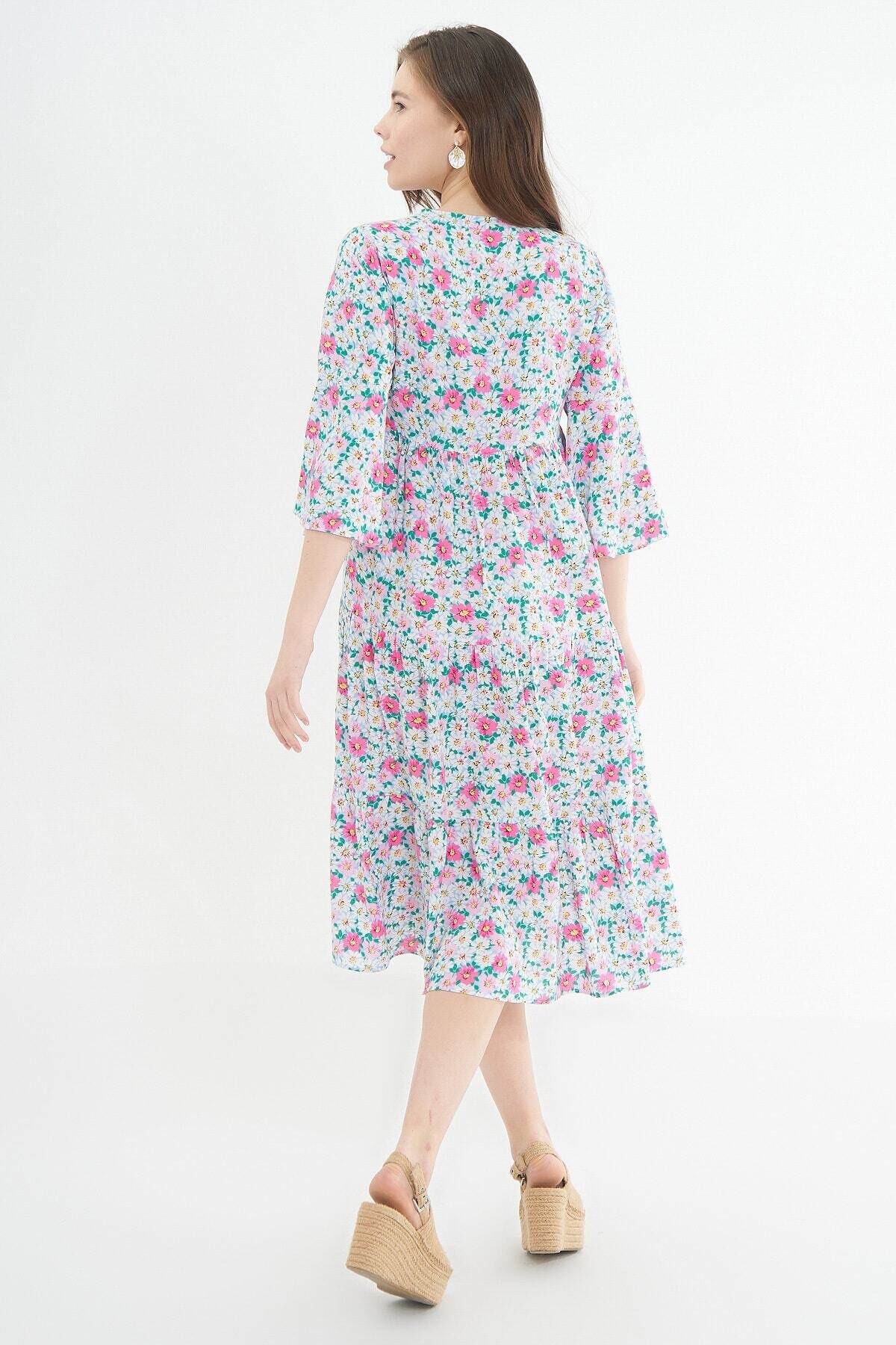 Kadın Volanlı Çiçekli Uzun Elbise HZL21S-1959