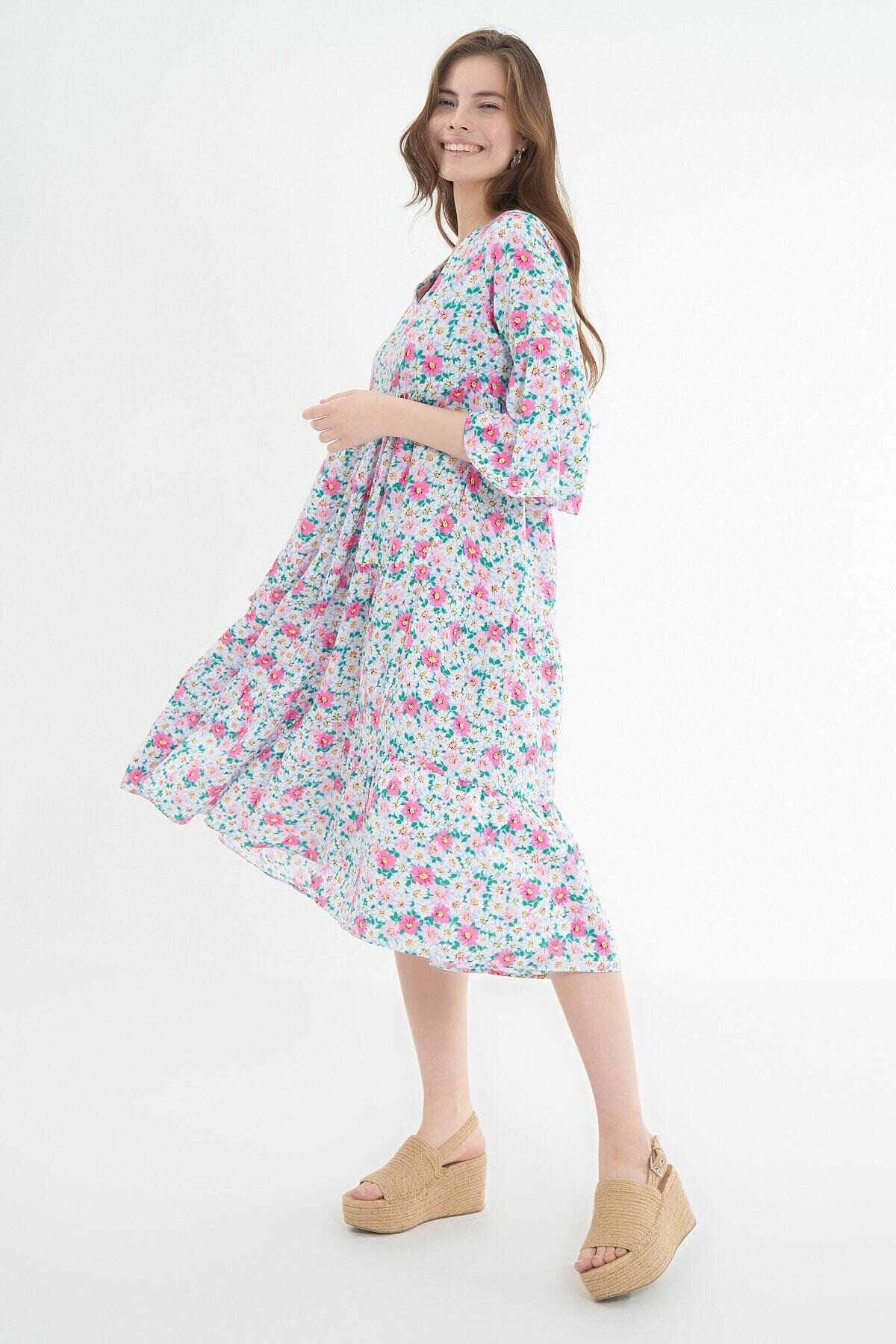 Kadın Volanlı Çiçekli Uzun Elbise HZL21S-1959