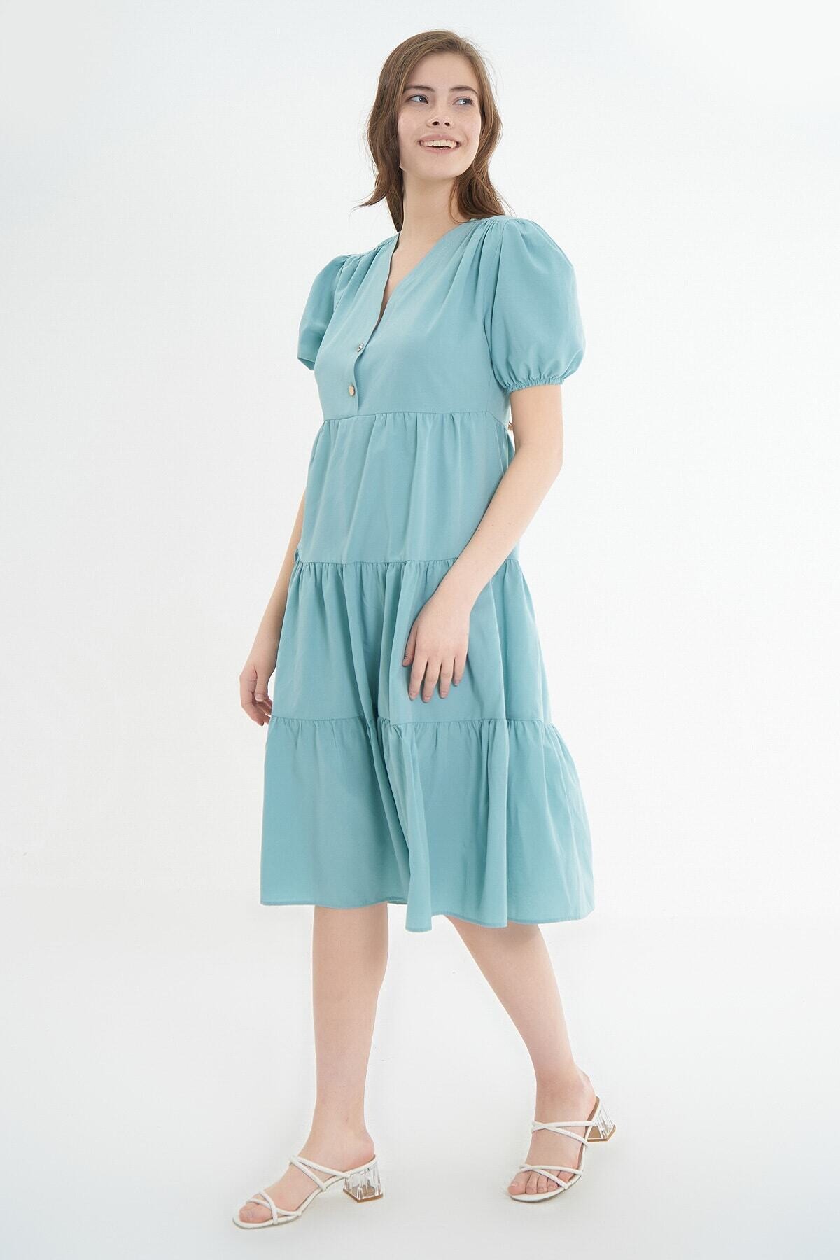 Kadın Volanlı Kısa Kollu Midi Elbise HZL21S-1937