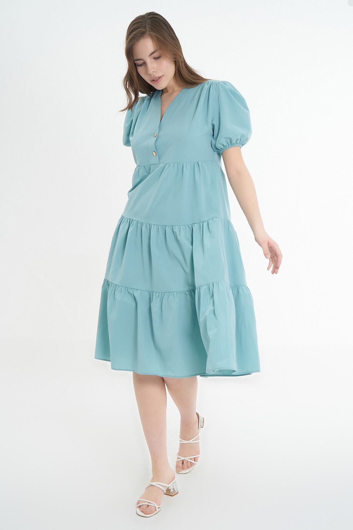 Kadın Volanlı Kısa Kollu Midi Elbise HZL21S-1937