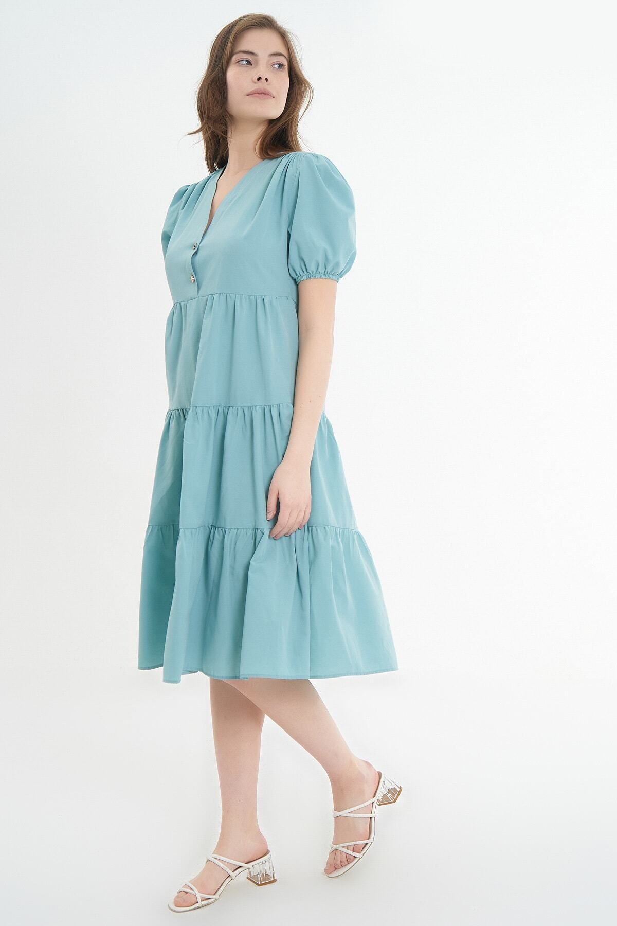 Kadın Volanlı Kısa Kollu Midi Elbise HZL21S-1937