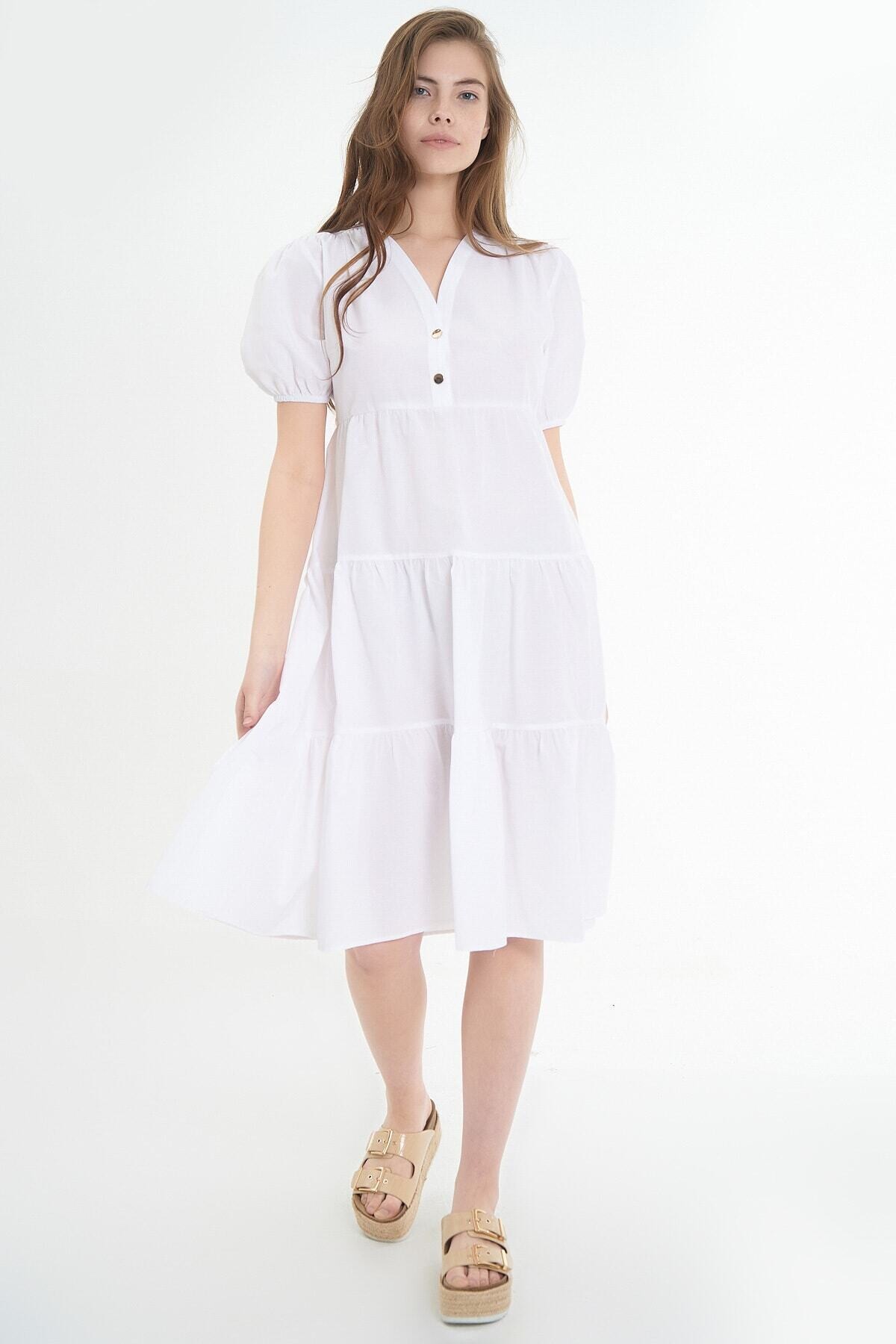 Kadın Volanlı Kısa Kollu Midi Elbise HZL21S-1937