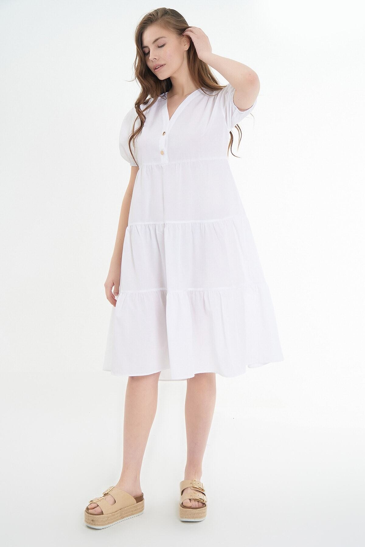 Kadın Volanlı Kısa Kollu Midi Elbise HZL21S-1937