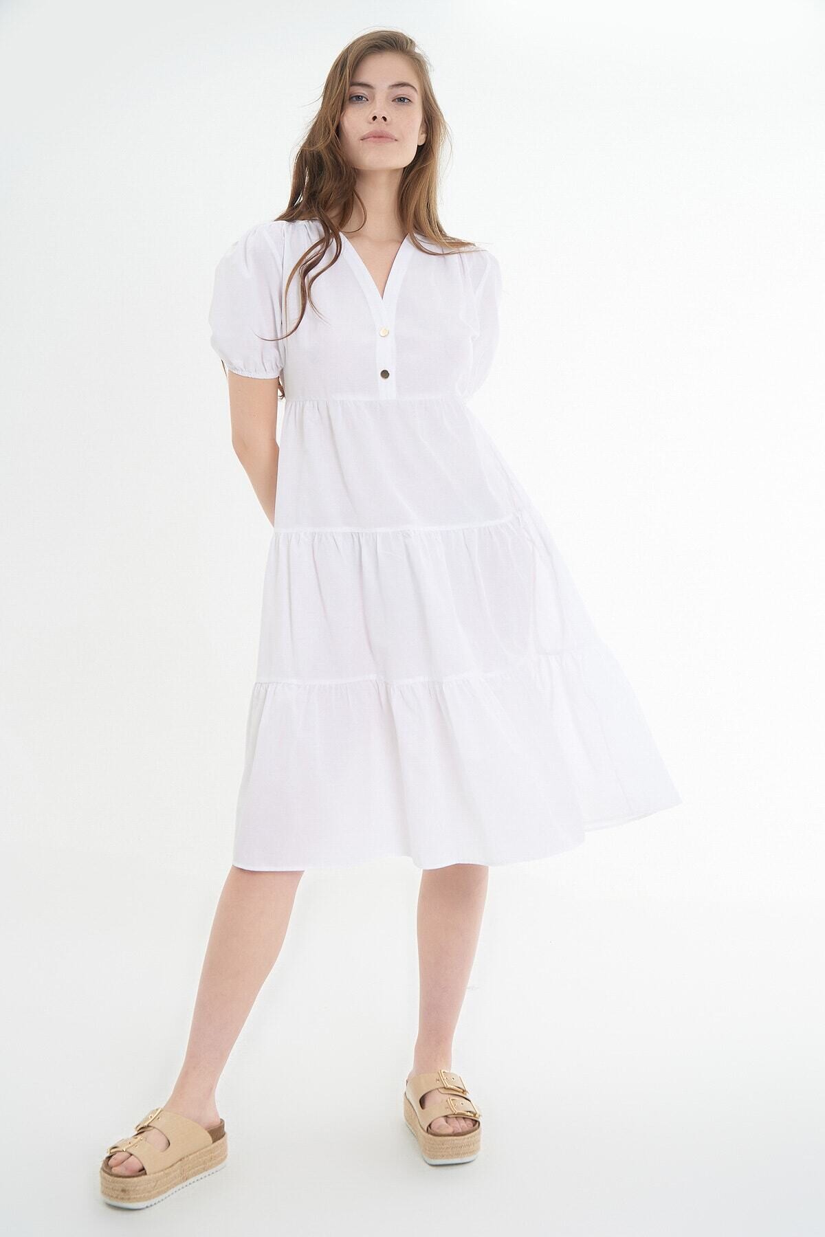 Kadın Volanlı Kısa Kollu Midi Elbise HZL21S-1937