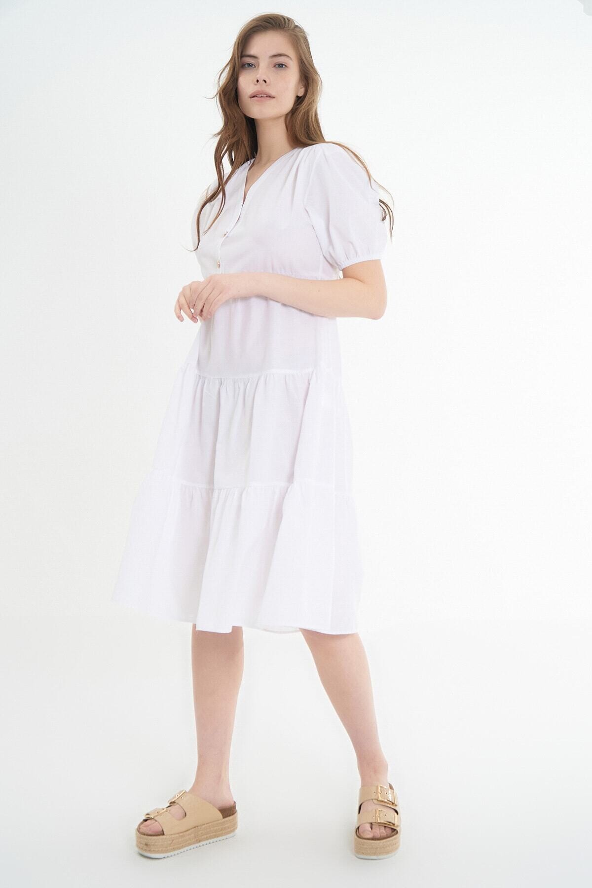 Kadın Volanlı Kısa Kollu Midi Elbise HZL21S-1937