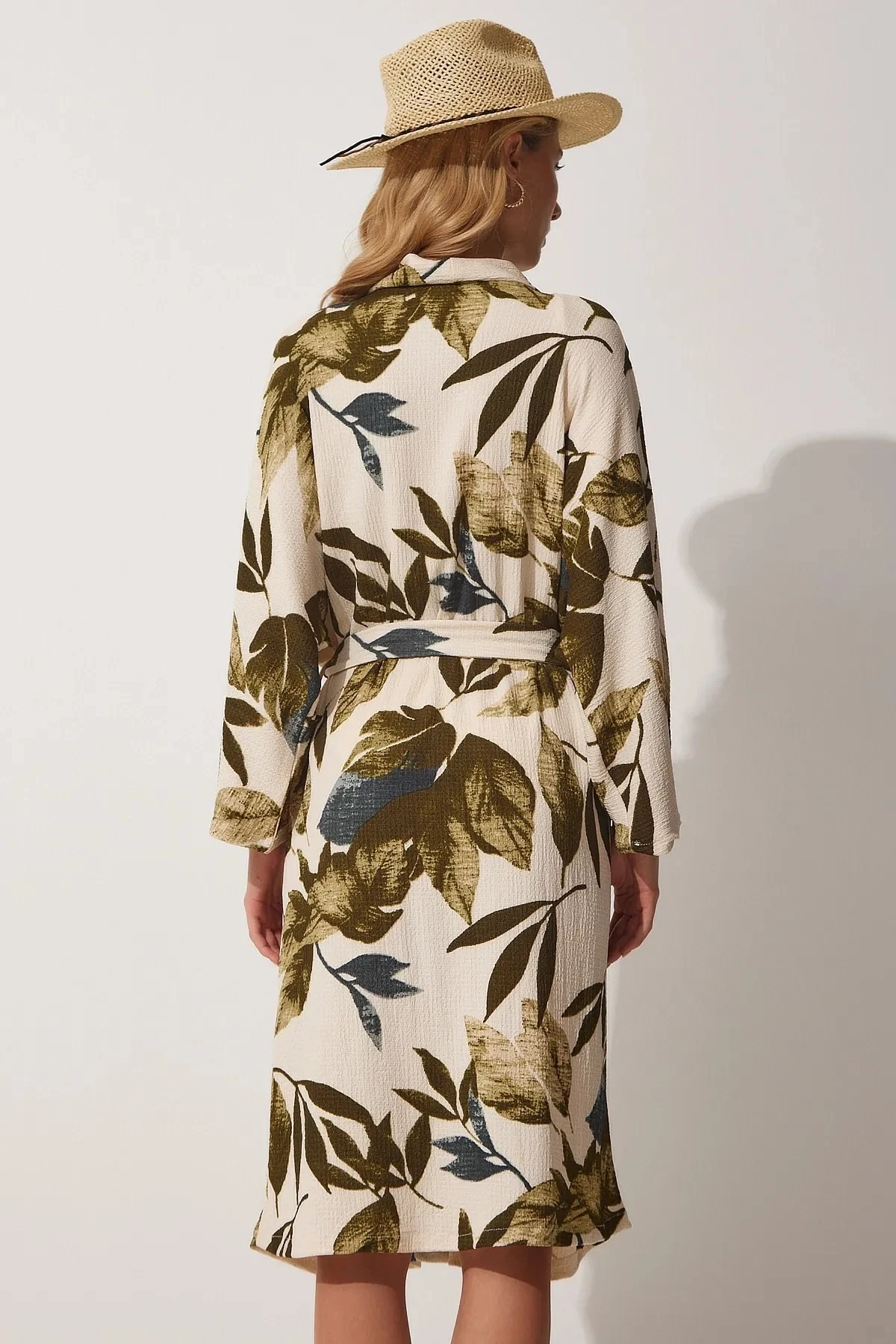 Kadın Yaprak Desenli Uzun Haki Önü Açık Katlı Yaka Dokulu Viskon Yazlık Kimono HZL23S-BD158931