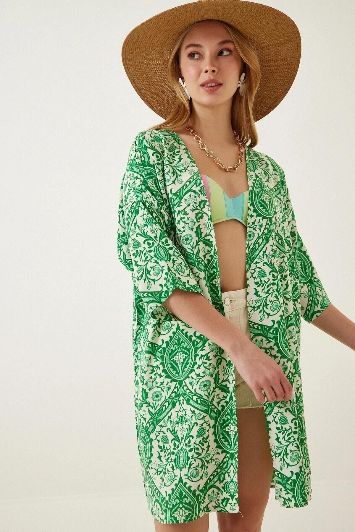 Kadın Yeşil Baskılı Düşük Kol Viskon Uzun Kimono HZL22S-BD158321