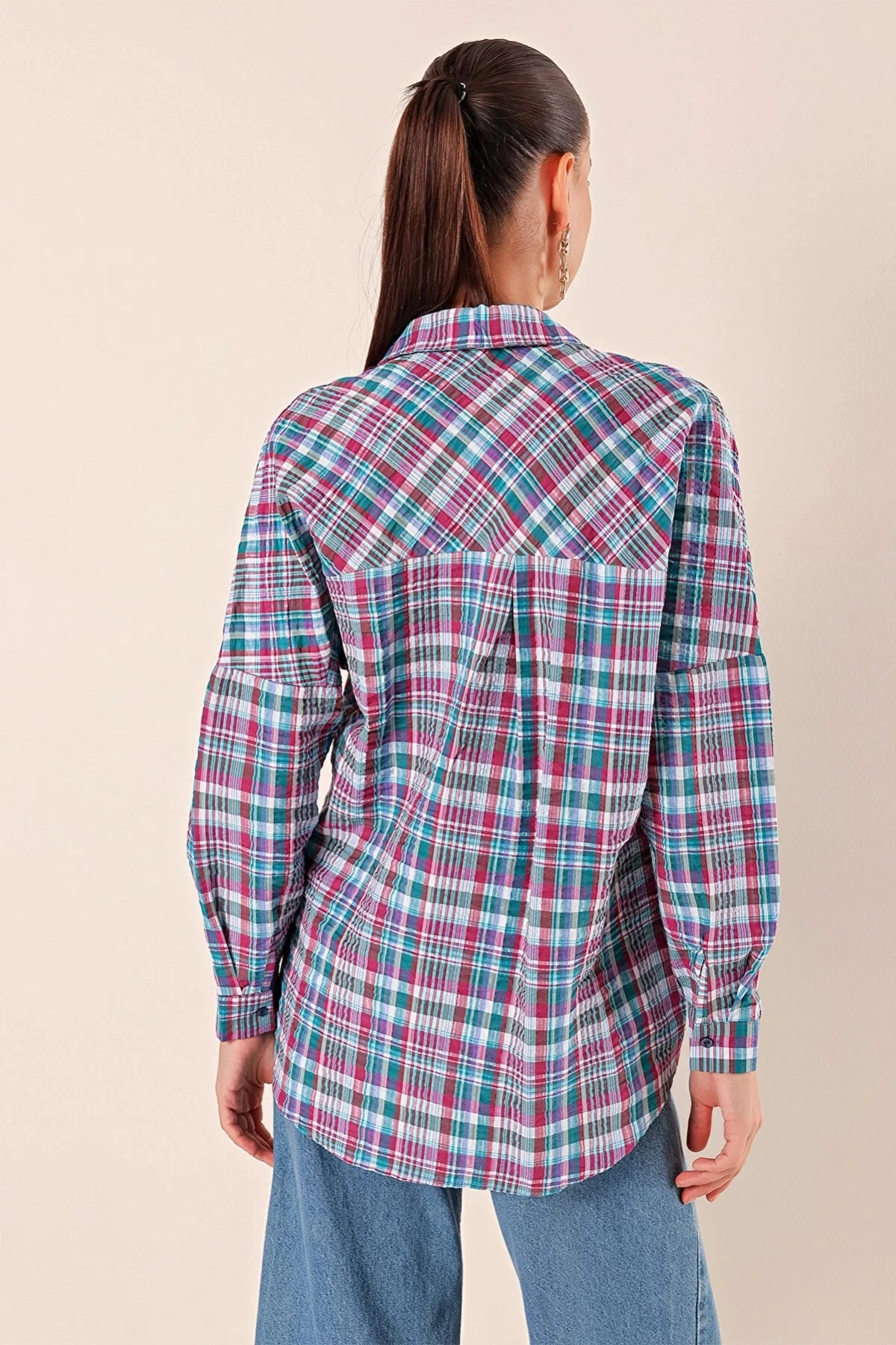 Kadın Zümrüt Kiremit Beyaz Çizgi Kareli Ekose Gömlek HZL22W-BD1201451