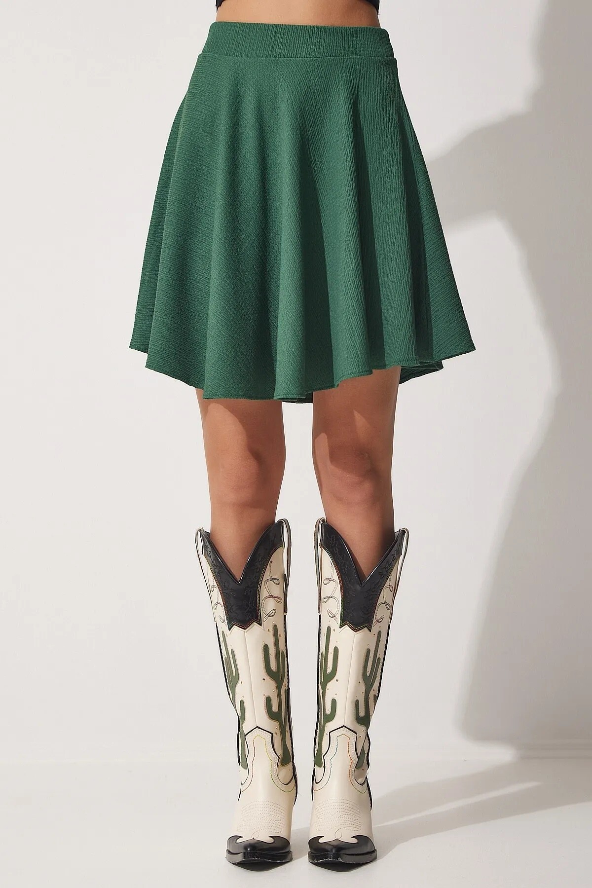 Kadın Zümrüt Yeşili Pileli Mini Örme Etek HZL23S-BD118851