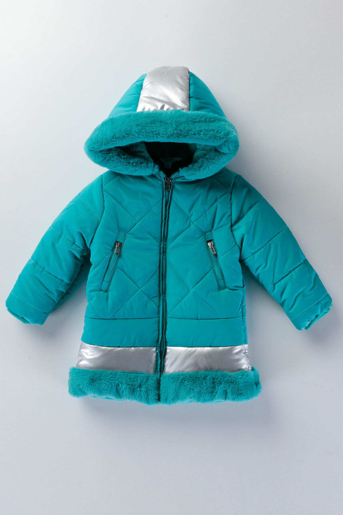Kız Çocuk 2-9 Yaş Kışlık Şişme  Polar Astarlı Kapüşonlu Turkuaz Mont HZL22W-M20824
