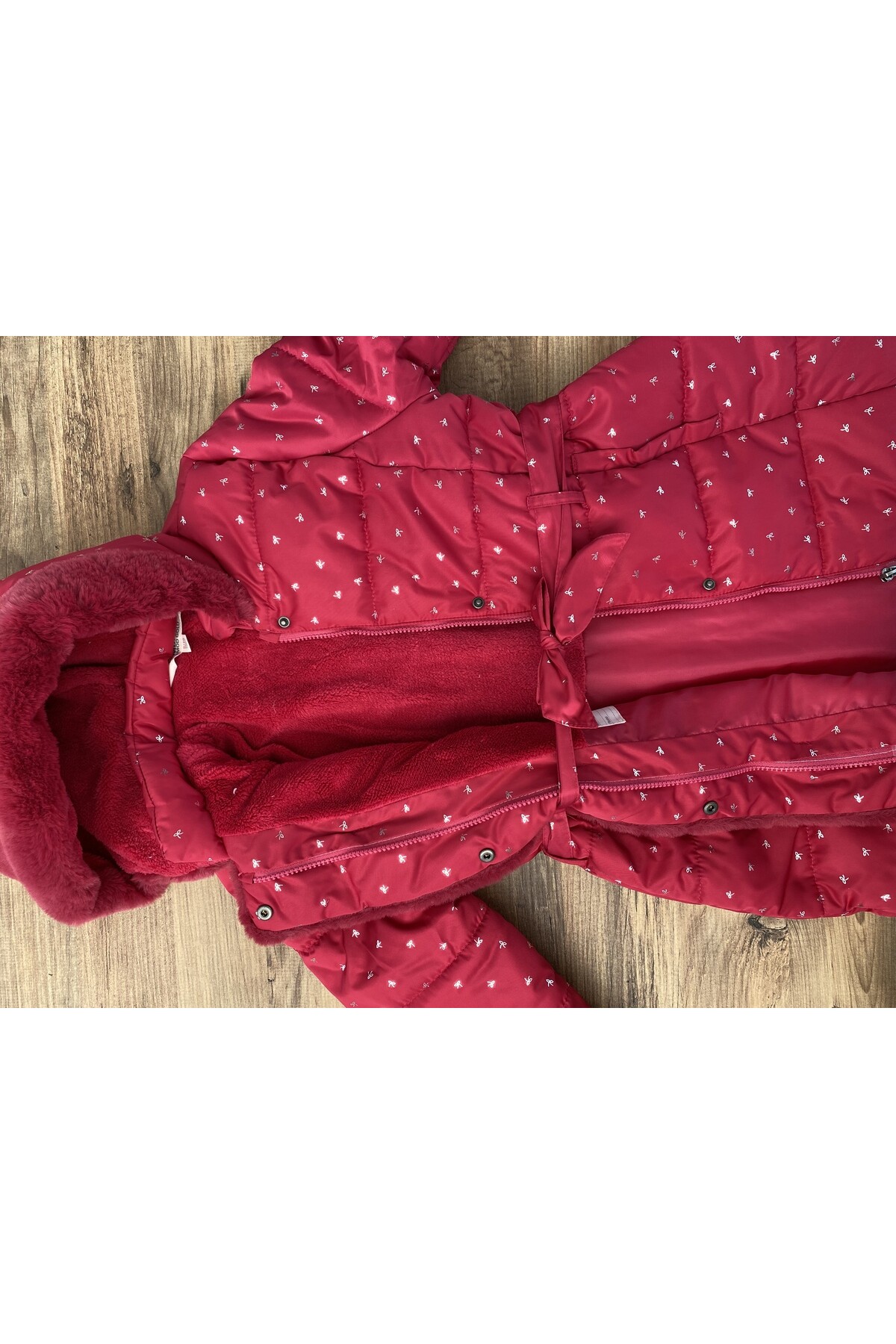 Kız Çocuk Kaban 2-13 Yaş Kışlık Şişme Astarlı Kürk Kapüşonlu Vişne Mont HZL22W-M21667