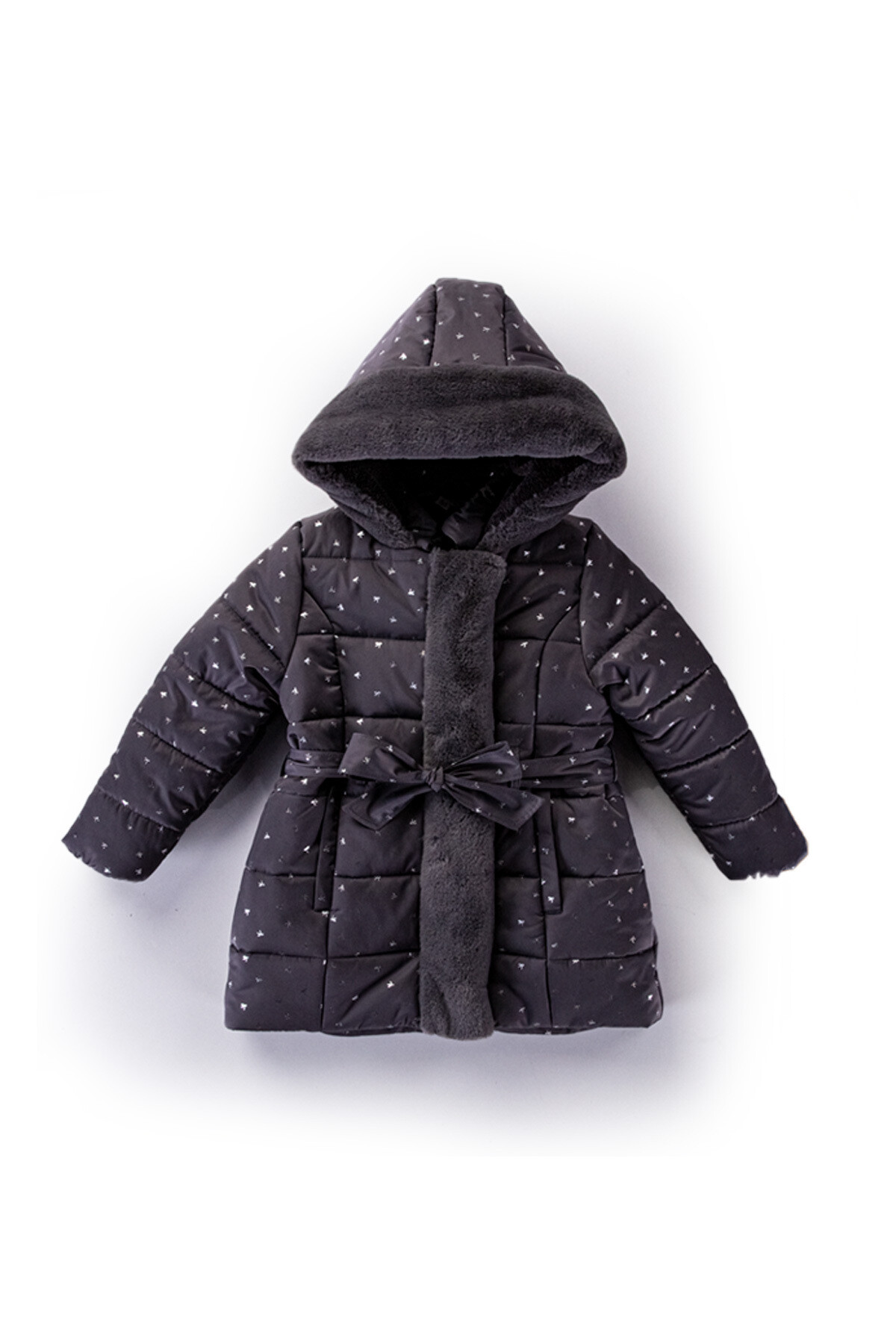Kız Çocuk Kaban 2-13 Yaş Kışlık Şişme Astarlı Kürk Kapüşonlu Füme Mont HZL22W-M21667