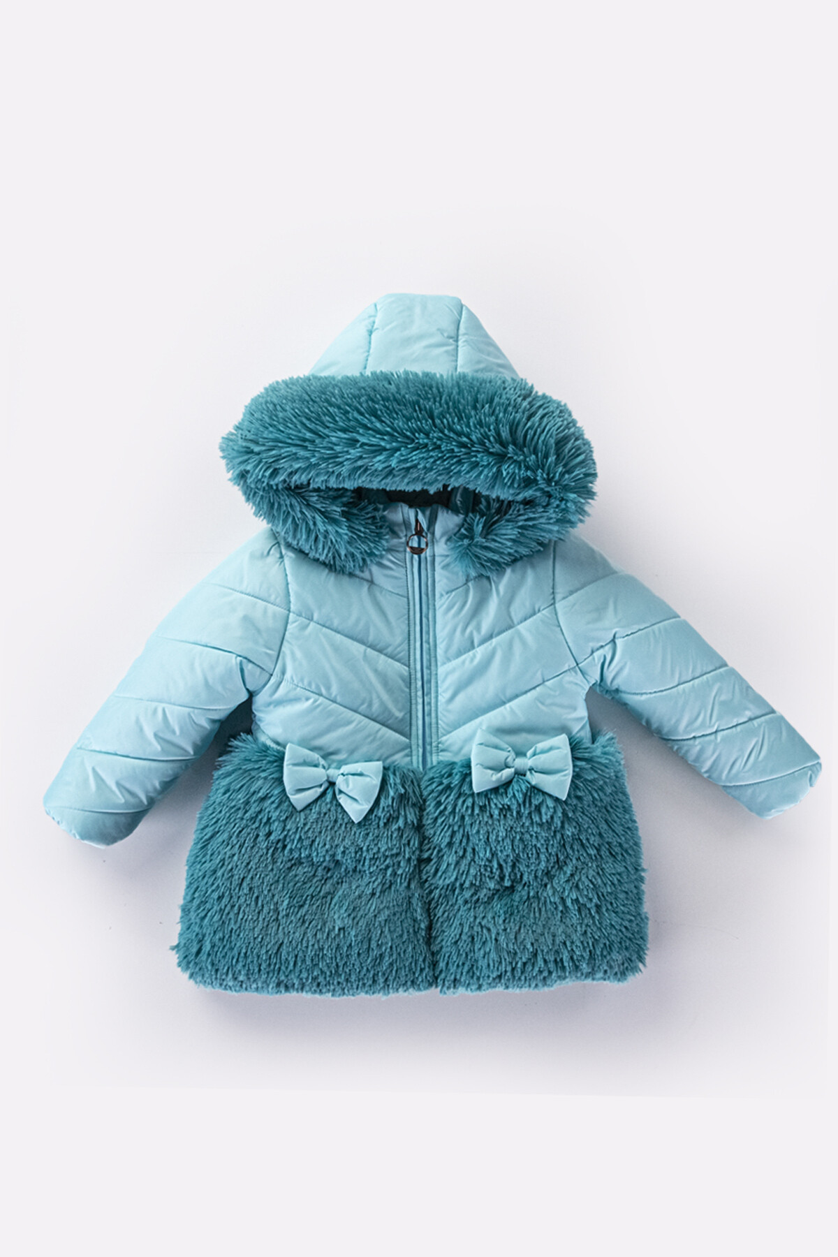 Kız Çocuk Kaban 2-5 Yaş Kışlık Şişme Astarlı Kürk Kapüşonlu Turkuaz Mont HZL22W-M21660