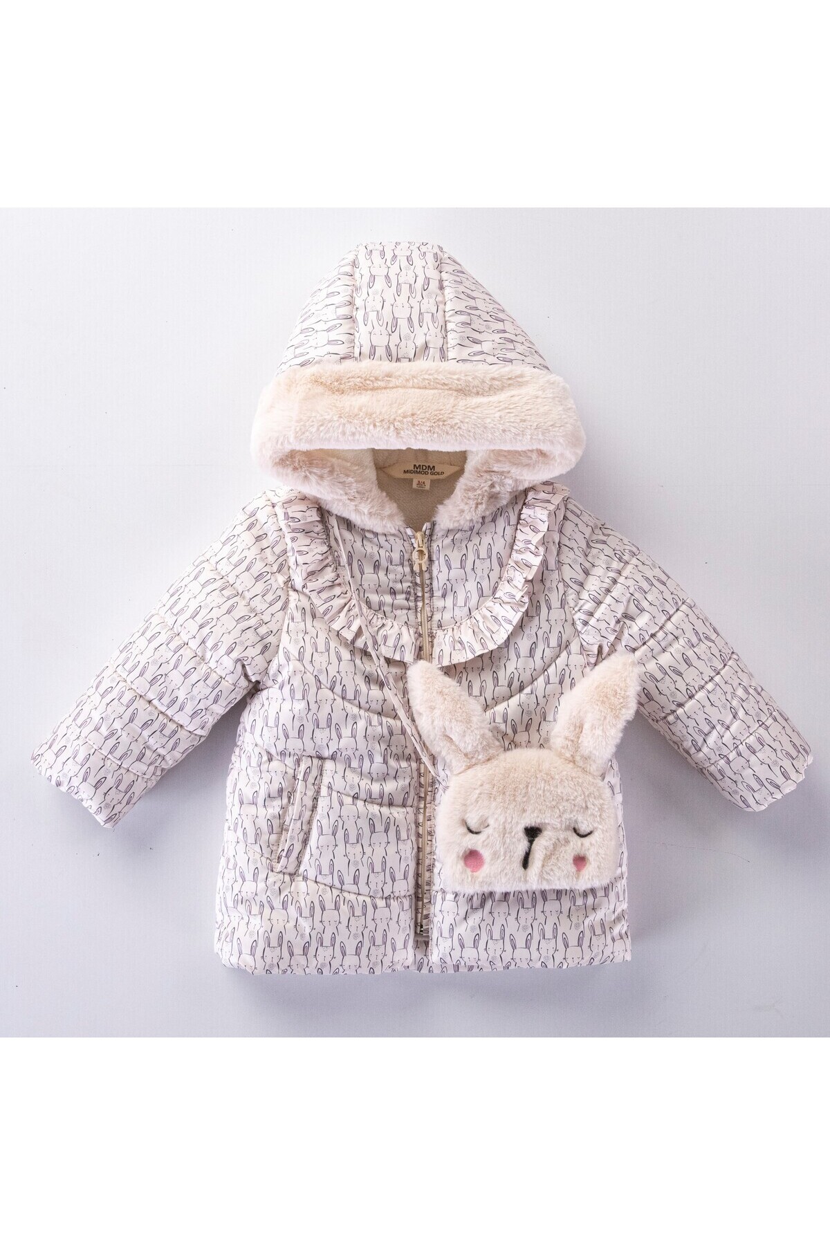 Kız Çocuk Kaban 2-5 Yaş Kışlık Şişme Astarlı Kürk Kapüşonlu Tavşan Çantalı Ekru Mont HZL22W-M21672