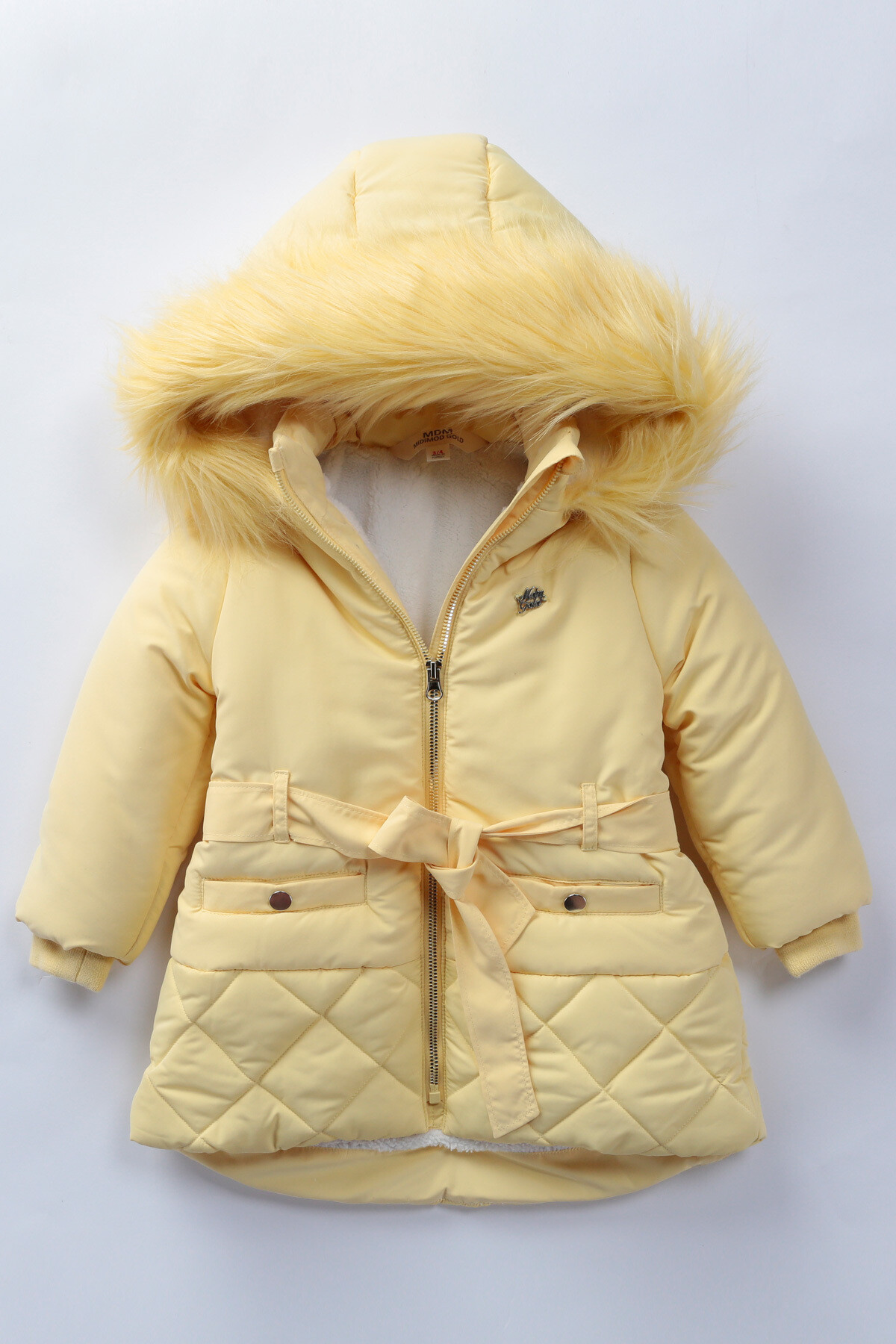 Kız Çocuk Kaban 2-9 Yaş Kışlık Şişme Peluş Astarlı Kürk Kapüşonlu Sarı Mont HZL22W-M21644